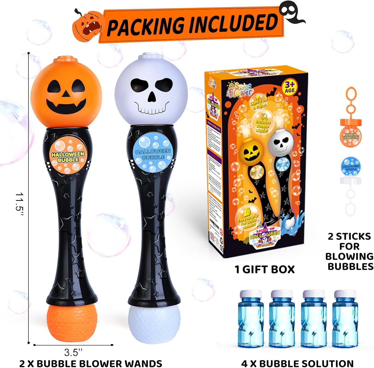 Paquete de 2 varitas sopladoras de burbujas con luz de Halloween, máquina de burbujas brillantes de calabaza y fantasma con 4 soluciones de