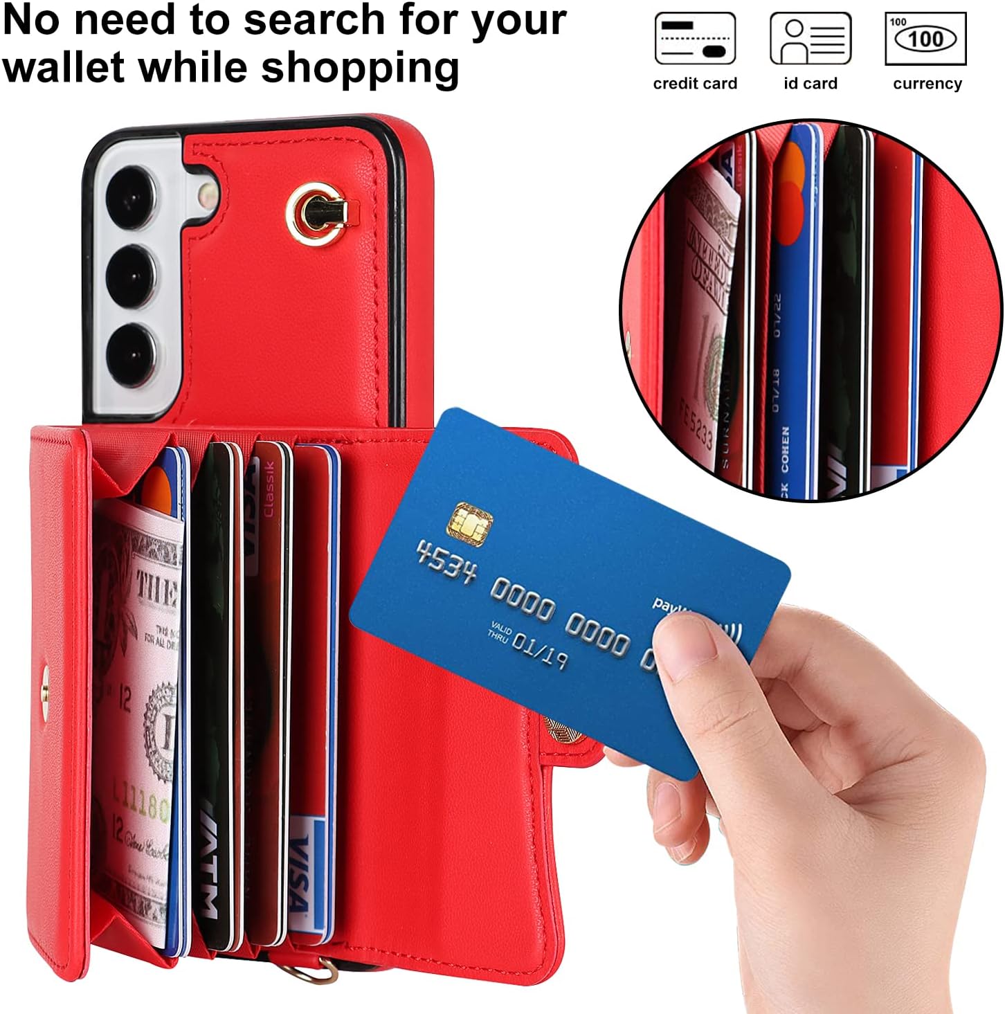 Asuwish Funda de teléfono para Samsung Galaxy S22 Plus S22+ 5G Funda tipo cartera con bloqueo RFID, tarjetero y correa cruzada de muñeca, soporte de