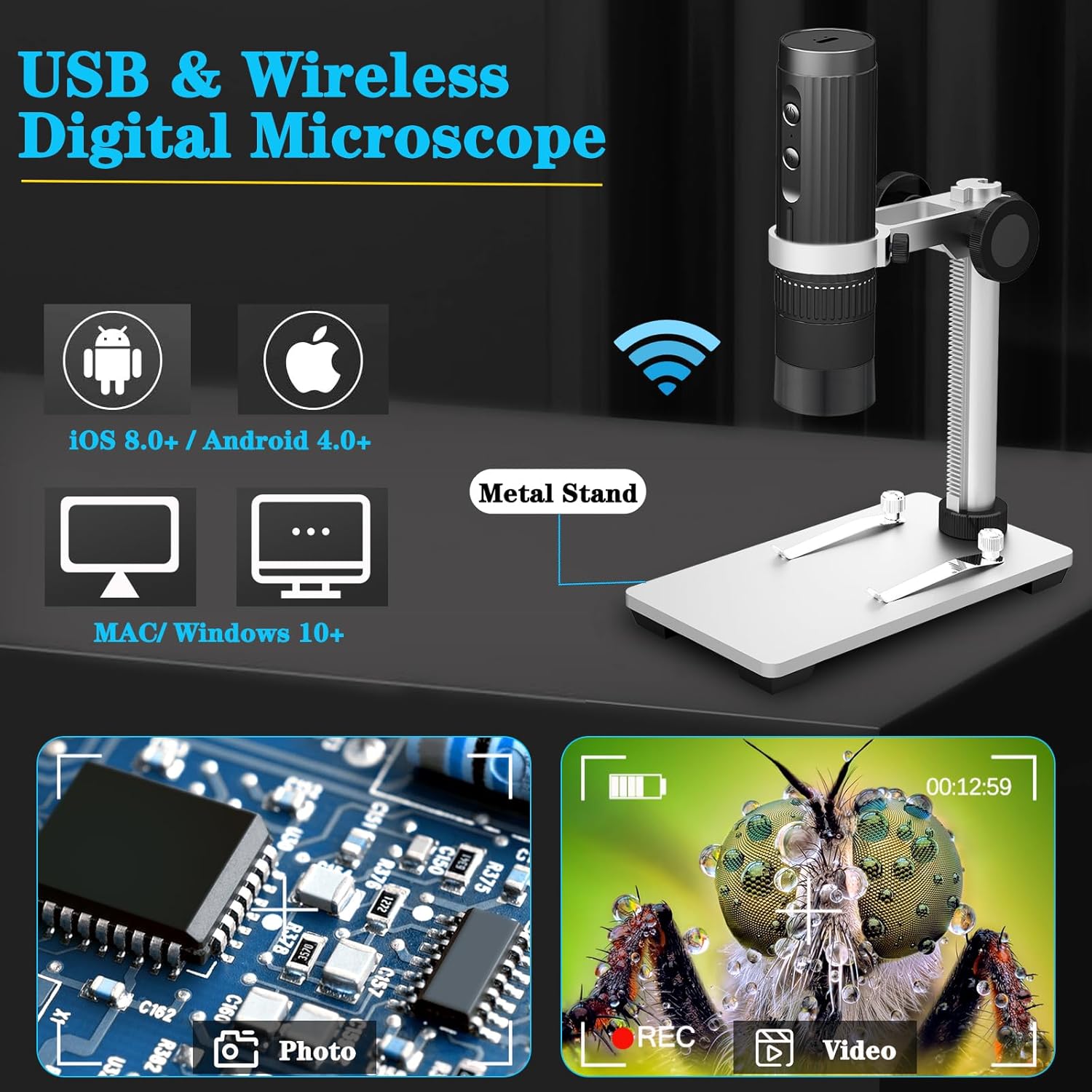Microscopio digital inalámbrico, aumento 50X-1000X, cámara de microscopio USB de mano con soporte de actualización sin agitación, 8 luces LED