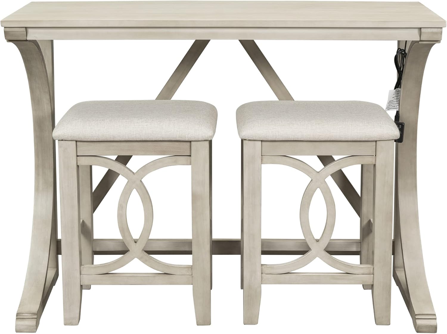 Juego de mesa de comedor con altura de mostrador, 3 piezas, puerto USB integrado y taburetes tapizados, para cocina, restaurantes, muebles de sala