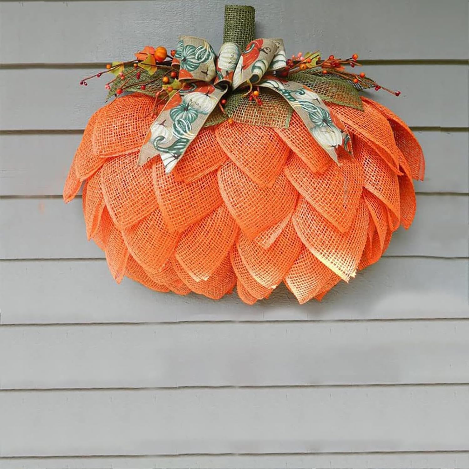 Corona de arpillera de otoño, corona de calabaza de arpillera, corona de calabaza de Acción de Gracias para puerta delantera, decoración de calabaza