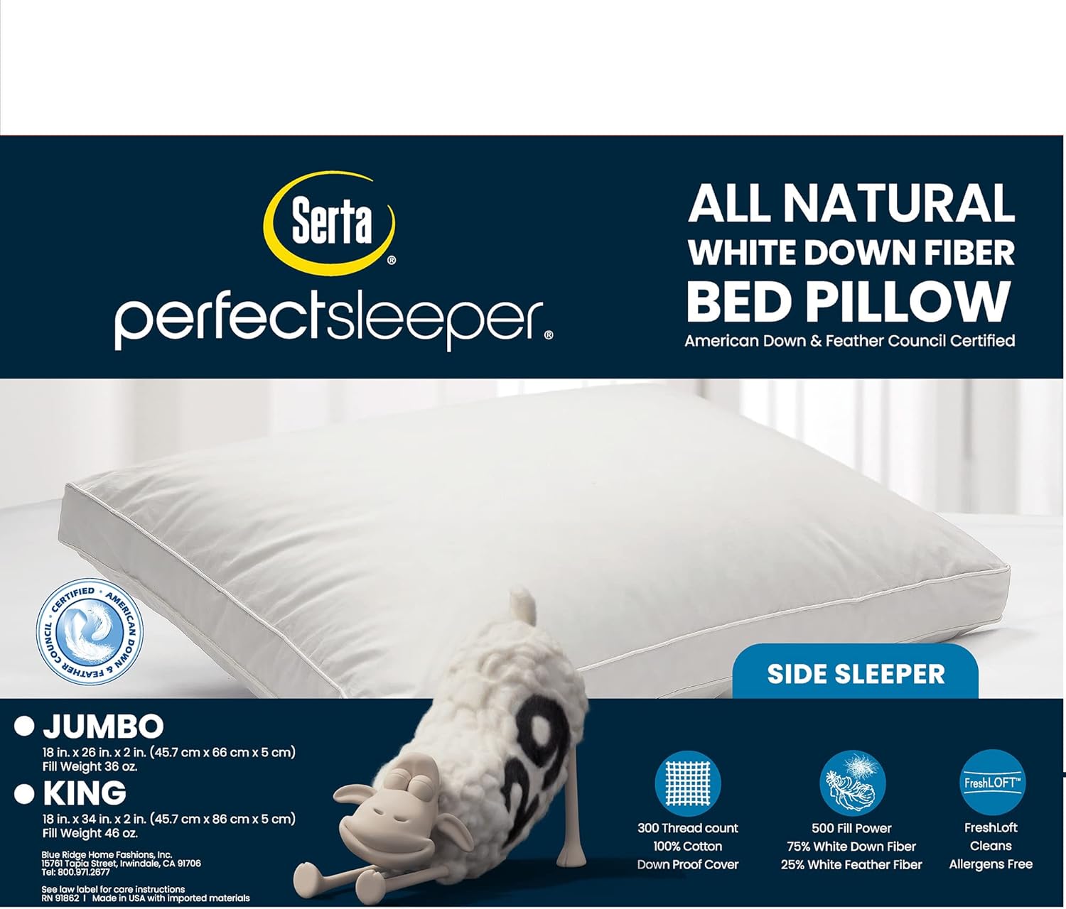 Serta Almohadas blancas de plumón de 300 hilos, decoración del hogar, 100% algodón, para dormir de lado, tamaño King (paquete de 1)