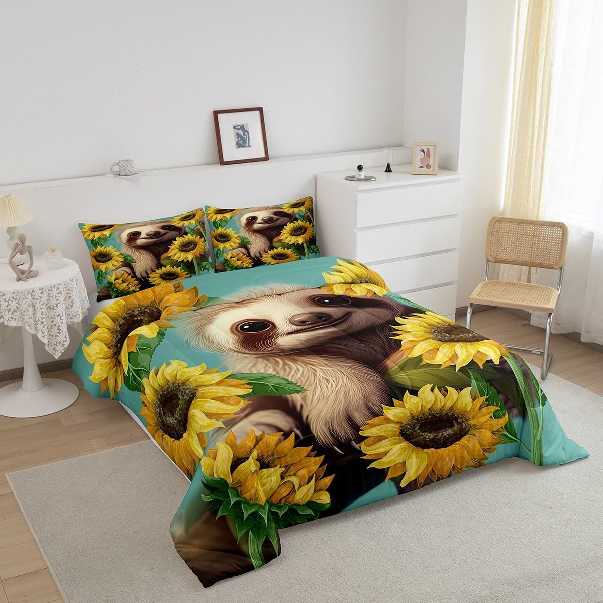Lindo juego de edredón de perezoso, tamaño Queen, juego de ropa de cama con flores amarillas y girasoles para niñas, adolescentes, decoración de