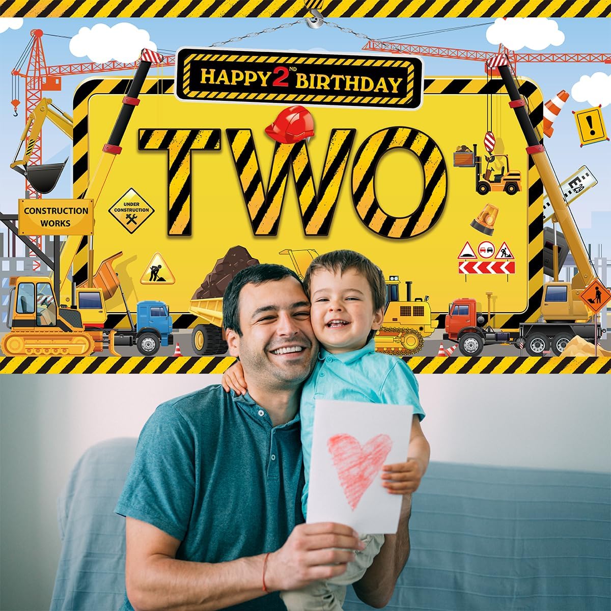 Pancarta de cumpleaños de construcción, pancarta de construcción de feliz segundo cumpleaños, suministros de fiesta de cumpleaños de construcción de