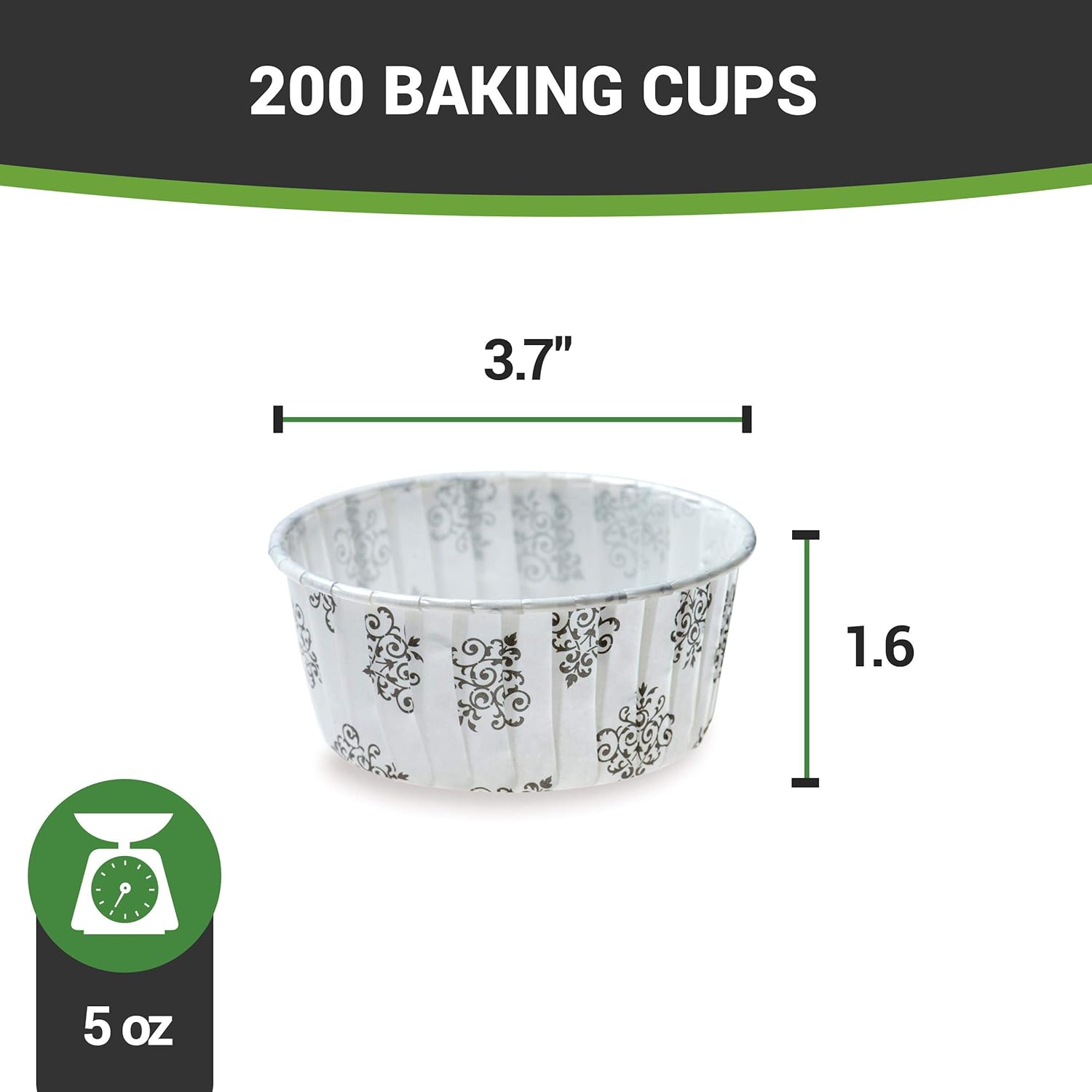 Restaurantware Panificio – Tazas para hornear de 5 onzas, 200 forros plisados para cupcakes, listos para horno, congelables, papel blanco y negro,