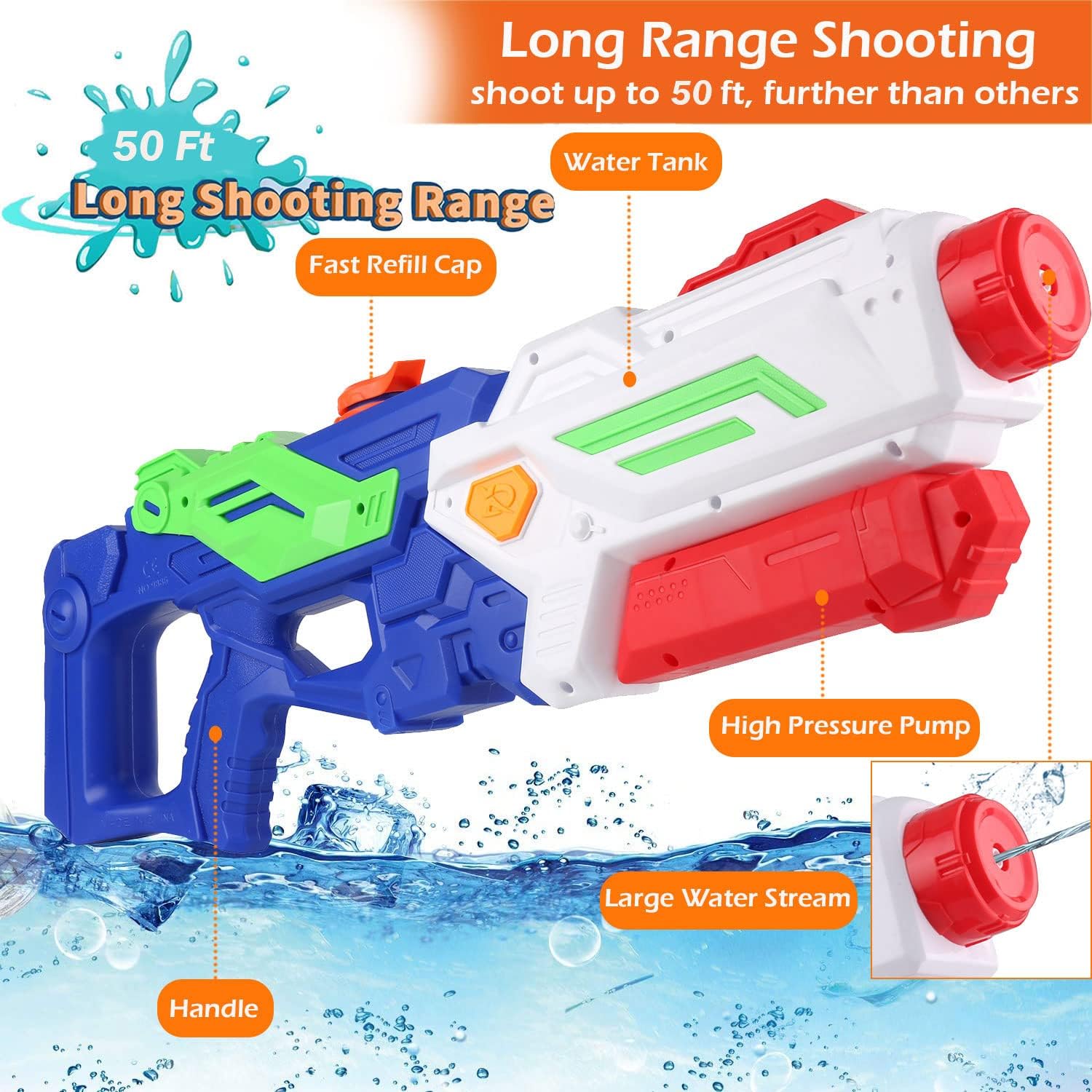 Pistola de chorro de agua para adultos y niños, 23 pulgadas de agua grande con 2500 CC de alta capacidad de 50 pies de largo alcance para niños,