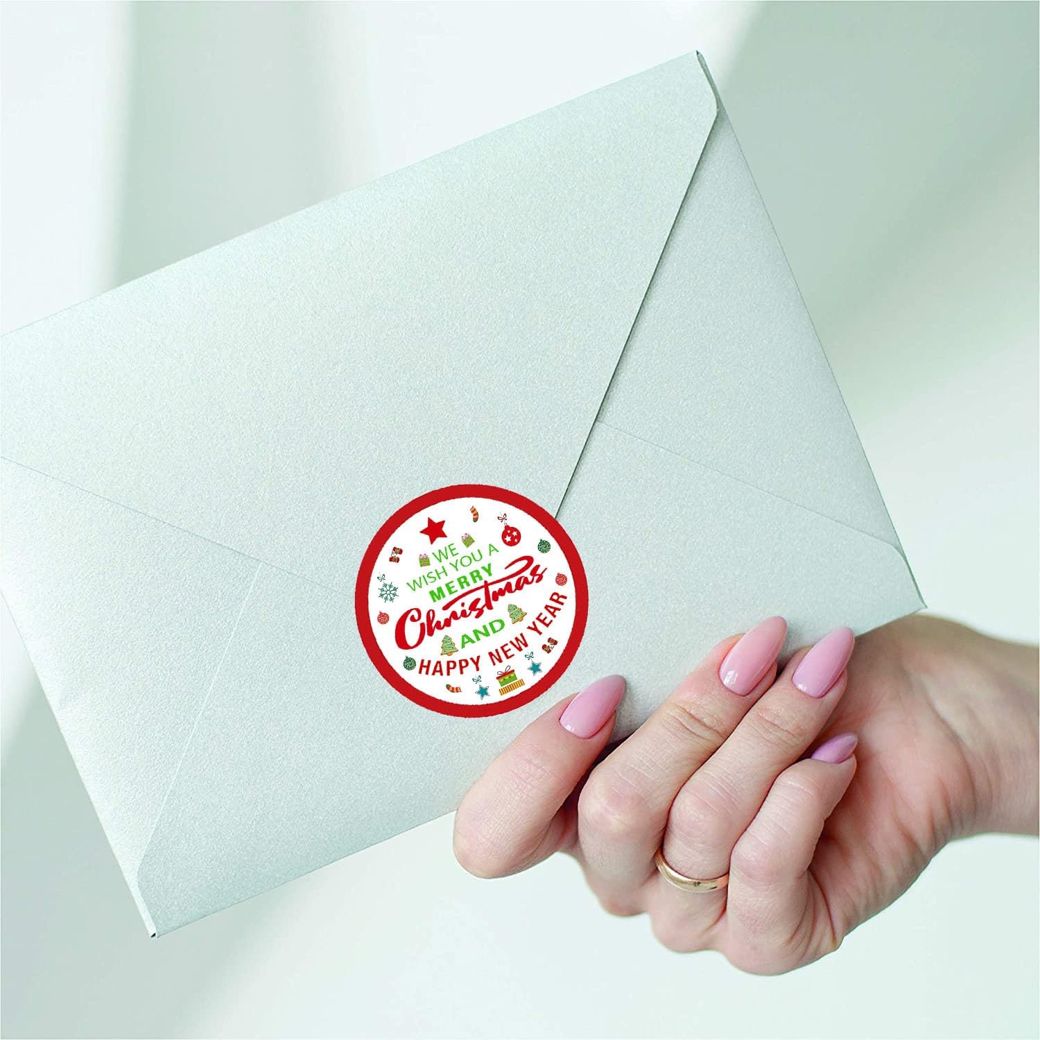Etiquetas adhesivas de Feliz Navidad, calcomanías de Año Nuevo de 2 pulgadas, rojo y verde, tarjetas de vacaciones, sobres de regalo, etiquetas de