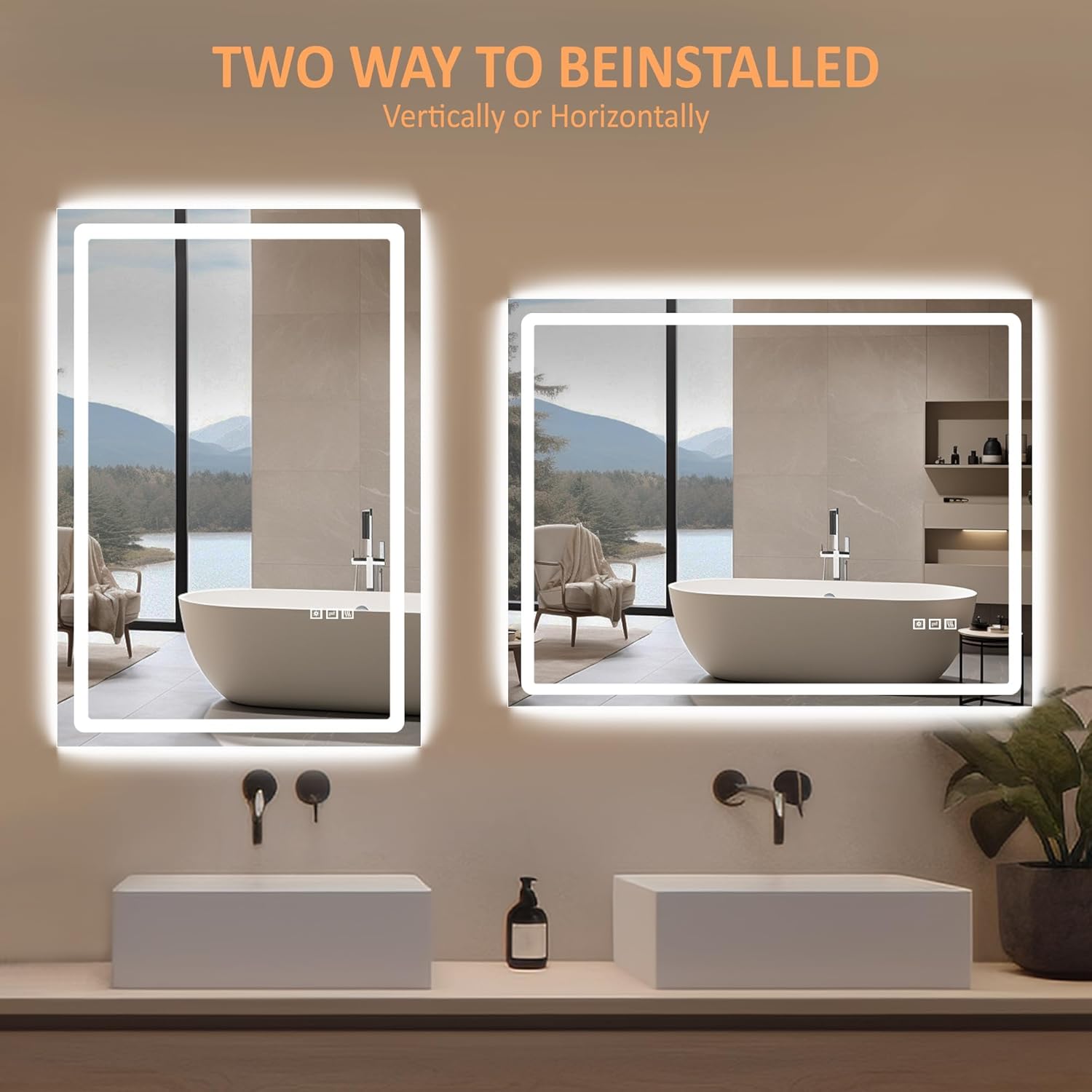 DURASPACE Espejo de baño LED de 36 x 28 pulgadas con luz frontal y retroiluminada, espejo de pared de tocador regulable, espejos de memoria antivaho