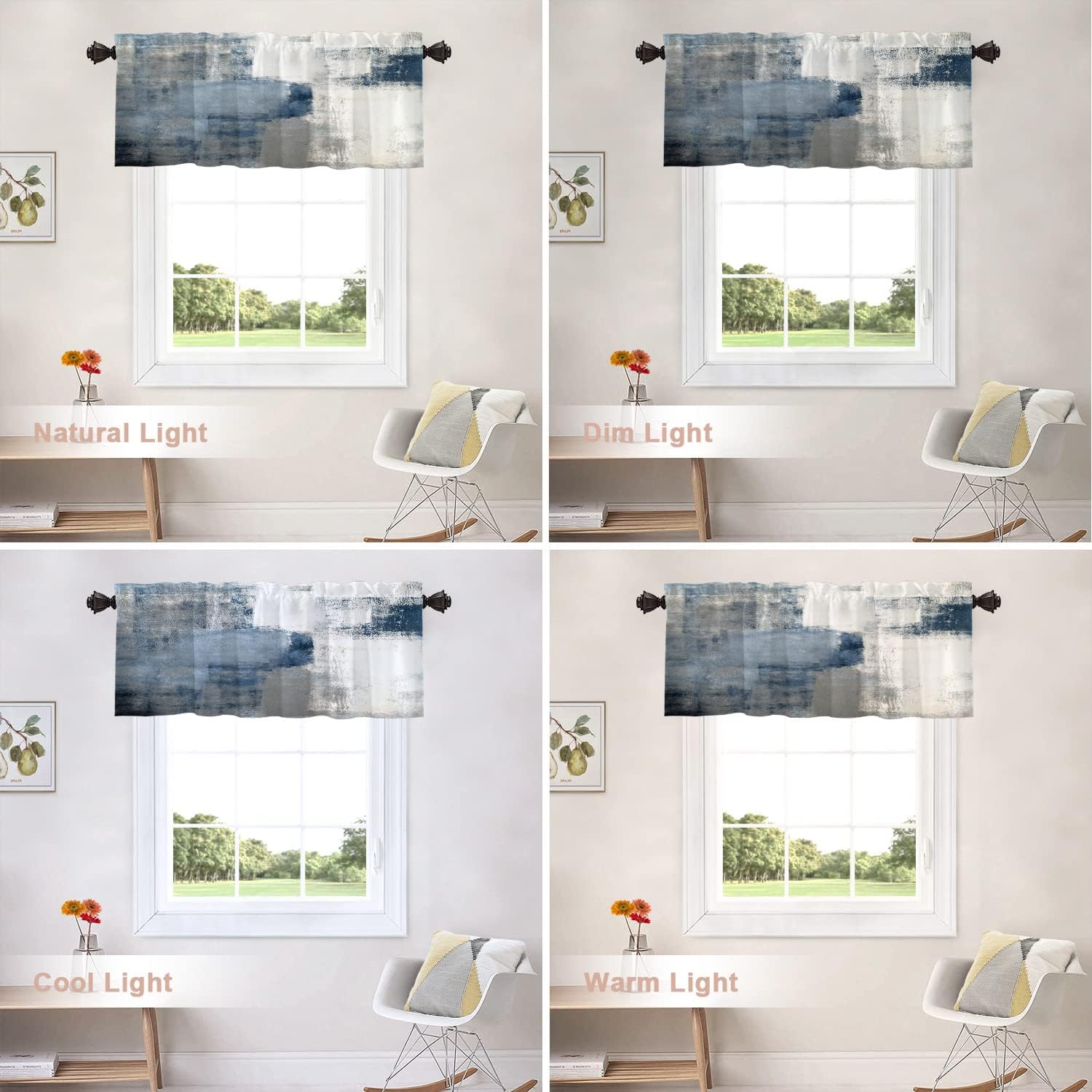 Shrahala Cenefas de cocina con diseño de arte azul y gris, pintura abstracta azul y gris, cortina de media ventana, tratamiento de ventana, opaco de