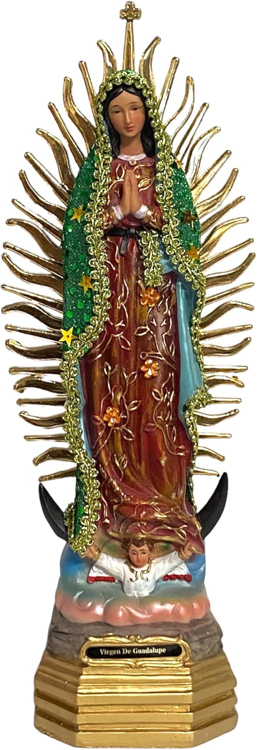 12 pulgadas Nuestra Señora de Guadalupe Rayos Dorados del Sol Estatua Virgen María Estatua Glitter Túnica Virgen Imagen Estatua Regalo Religioso