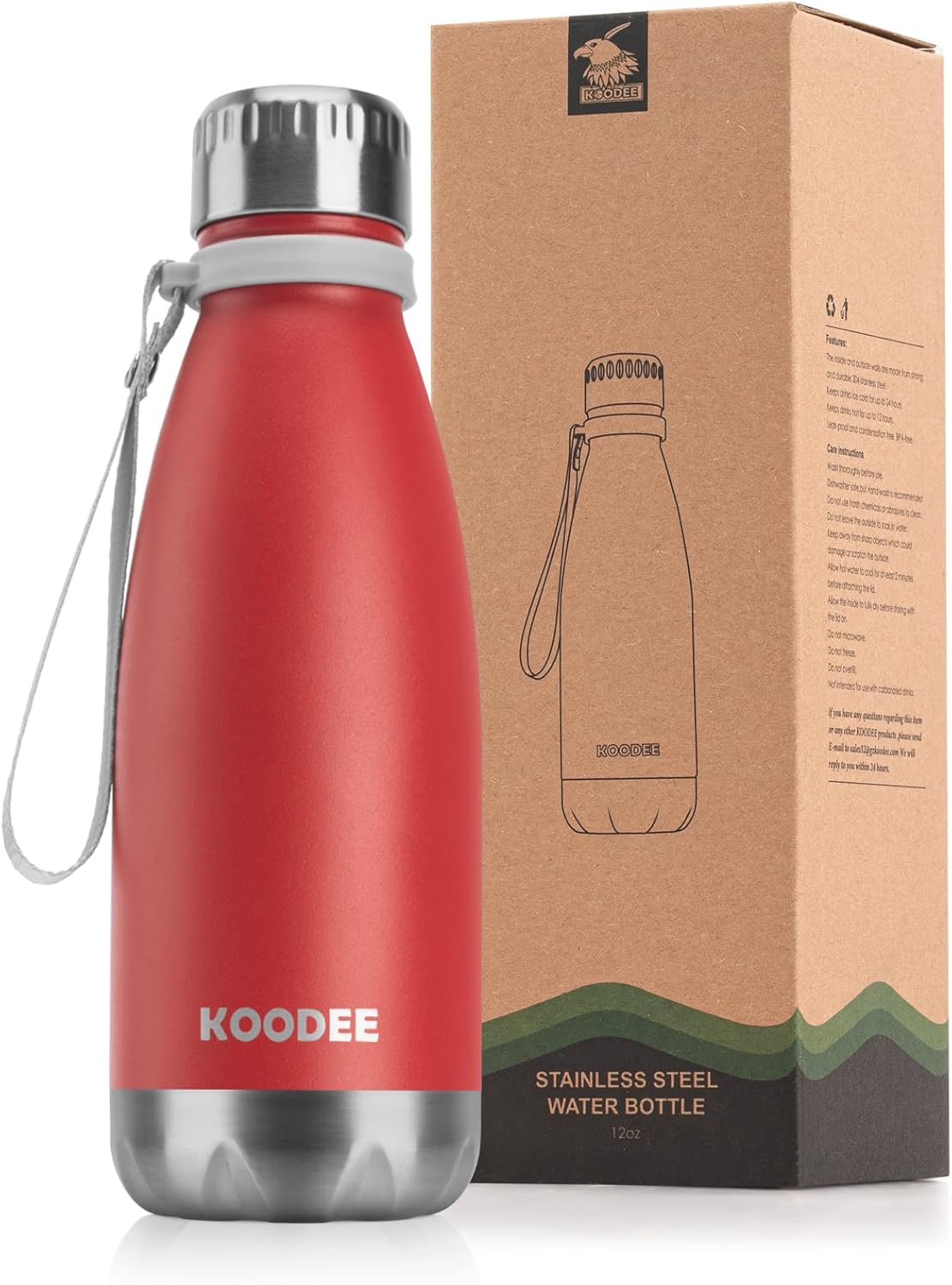 koodee Botella de agua de acero inoxidable de 12 onzas con aislamiento al vacío, con forma de cola, a prueba de fugas, botellas de agua de metal