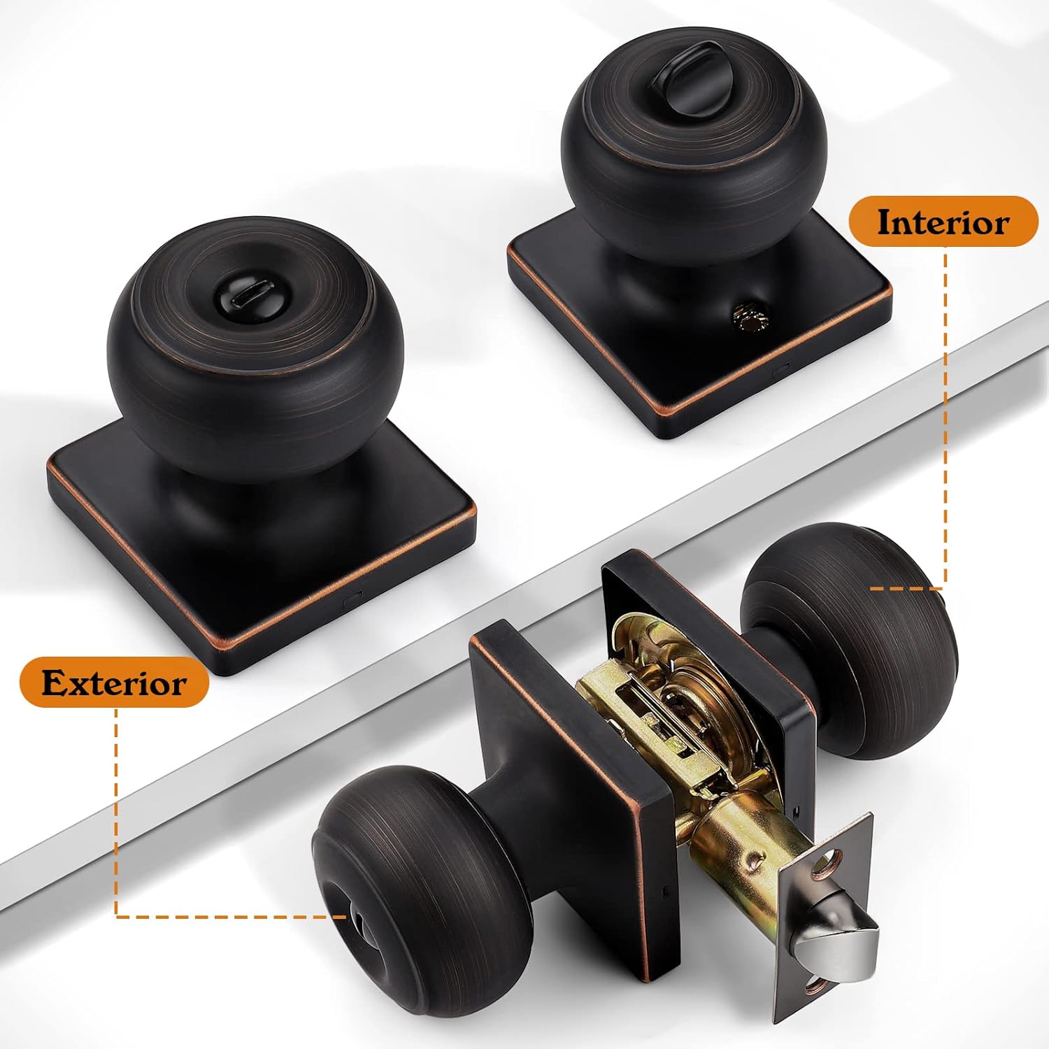 Probrico Pomos cuadrados para puerta de privacidad, pomos de puerta de dormitorio con cerradura, pomo de puerta interior de bronce aceitado para