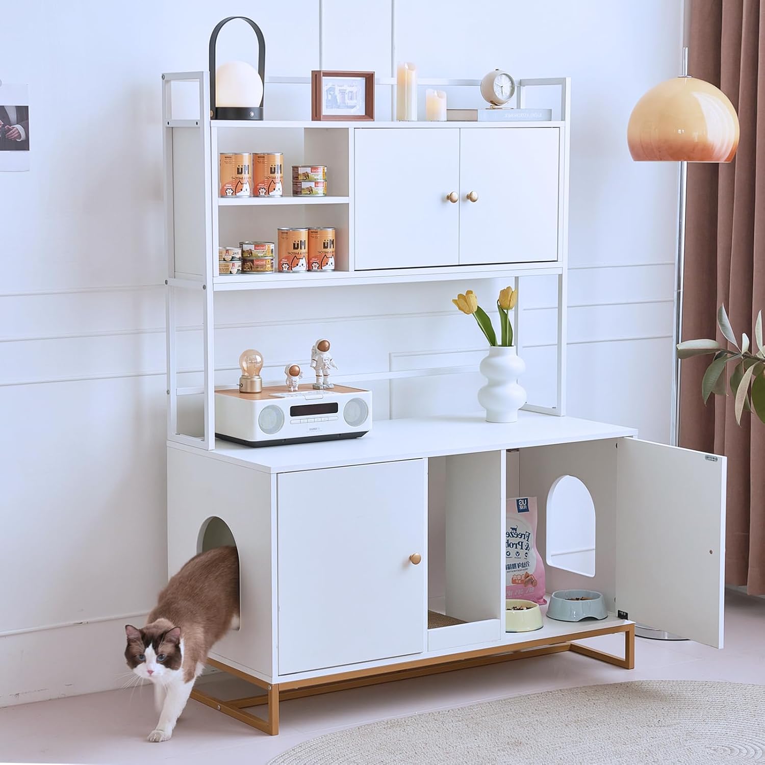Caja de arena para gatos, caja de arena grande oculta para gatos de 60 pulgadas con estante, muebles de casa para gatos de interior con almohadilla