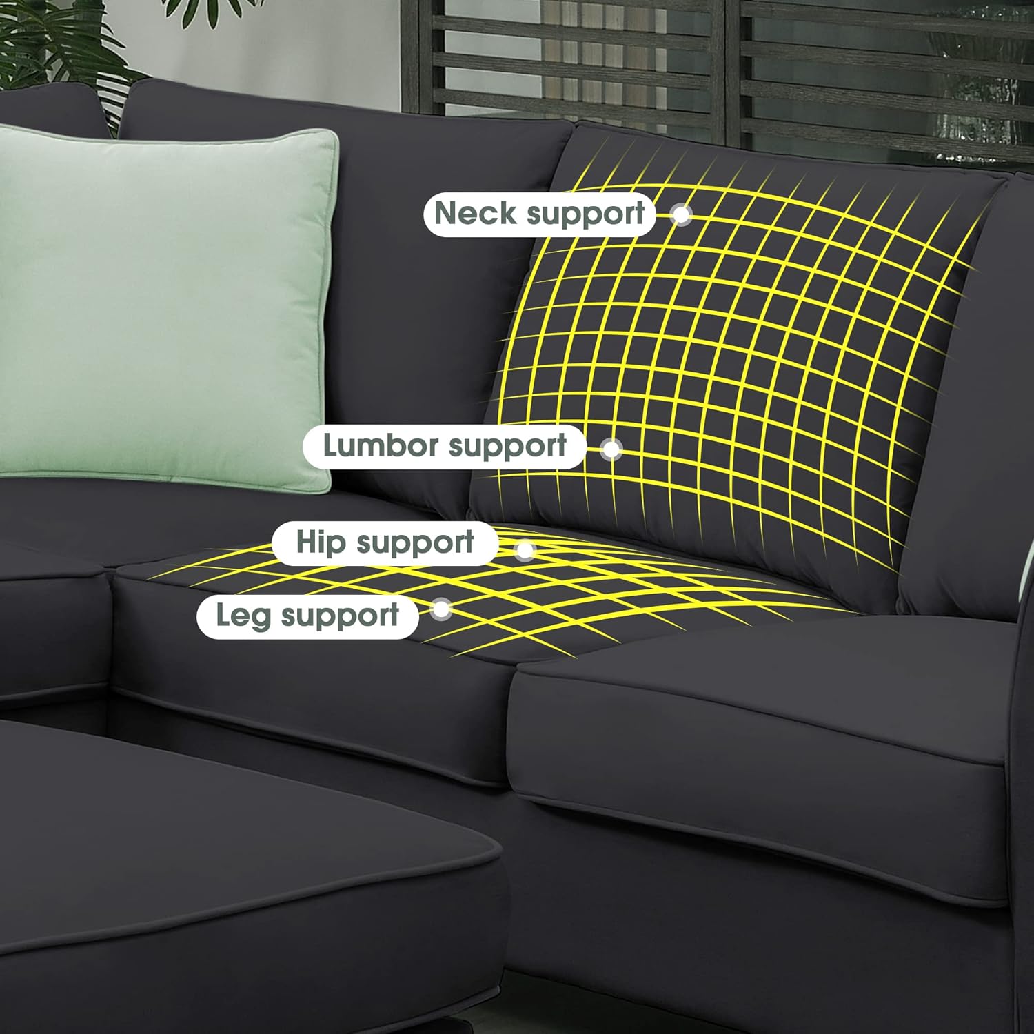 Sofá modular moderno en forma de L, 7 asientos, muebles modulares de tela con otomana y 3 almohadas, para sala de estar, apartamento, color negro