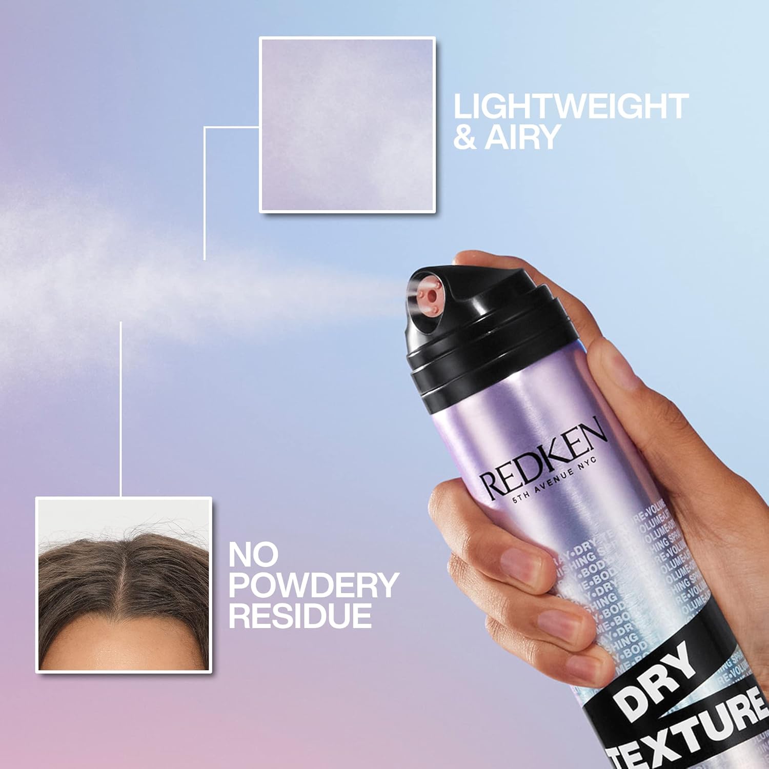 Redken Triple Dry 15 Dry Texture – Spray de acabado para todo tipo de cabello, añade cuerpo y brillo sin pegajosidad, sujeción media, 8.5 onzas
