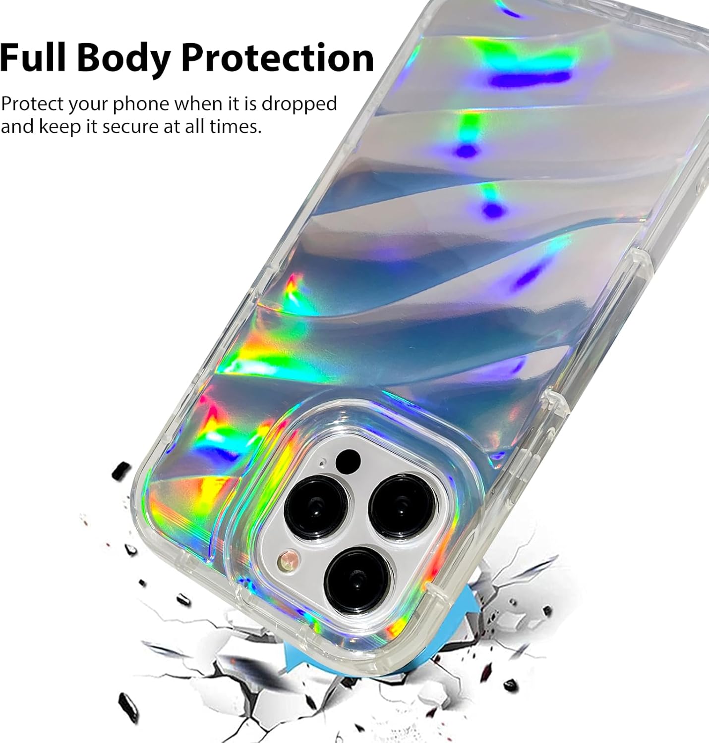 Bonoma Funda compatible con iPhone 15 Pro, funda brillante iridiscente con ondas de cristal fluorescente, protector de cámara + protector de