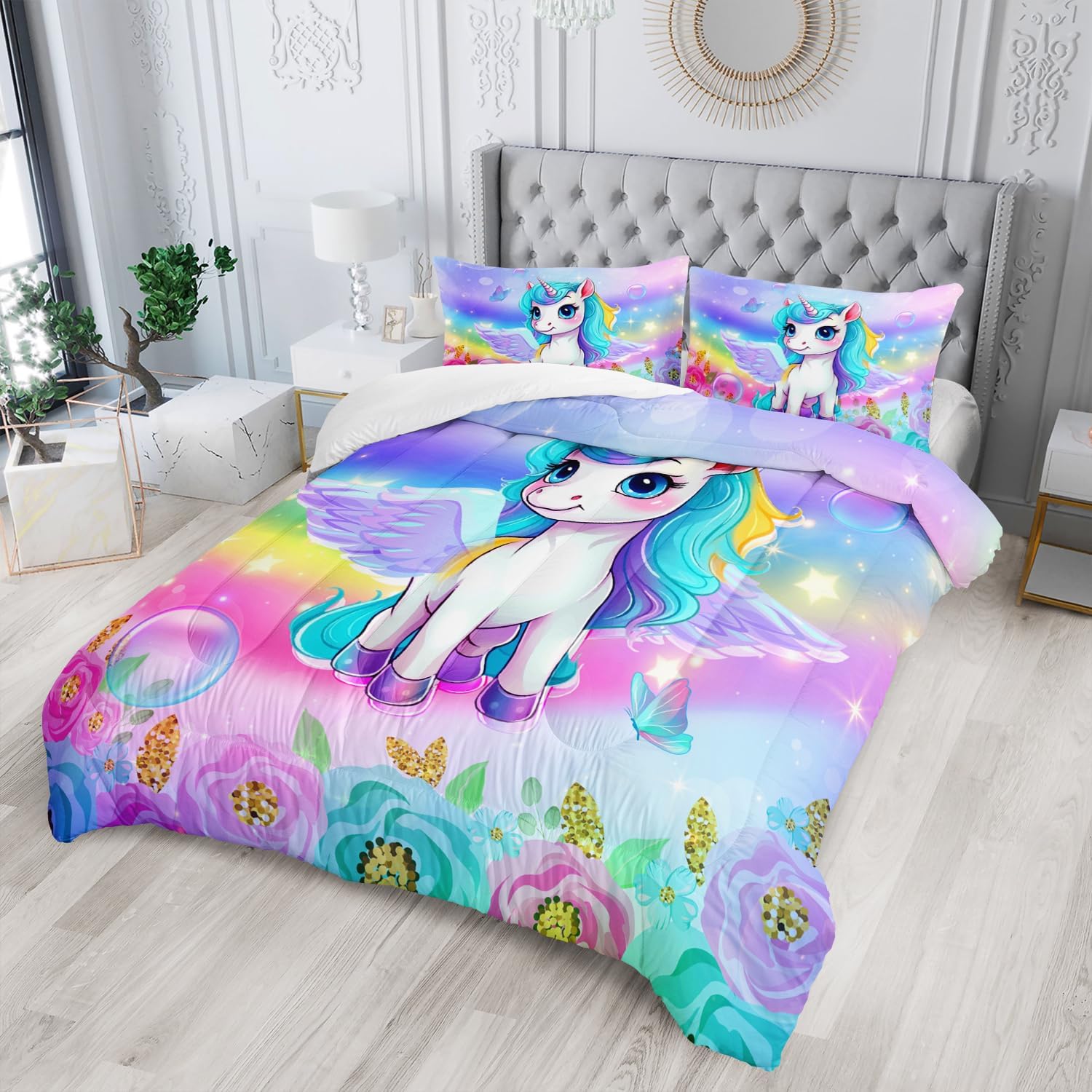 Juego de edredón de unicornio para niños, tamaño individual, matrimonialqueen, 3 piezas, diseño de mariposa, arco iris, flor, estrella, juego de