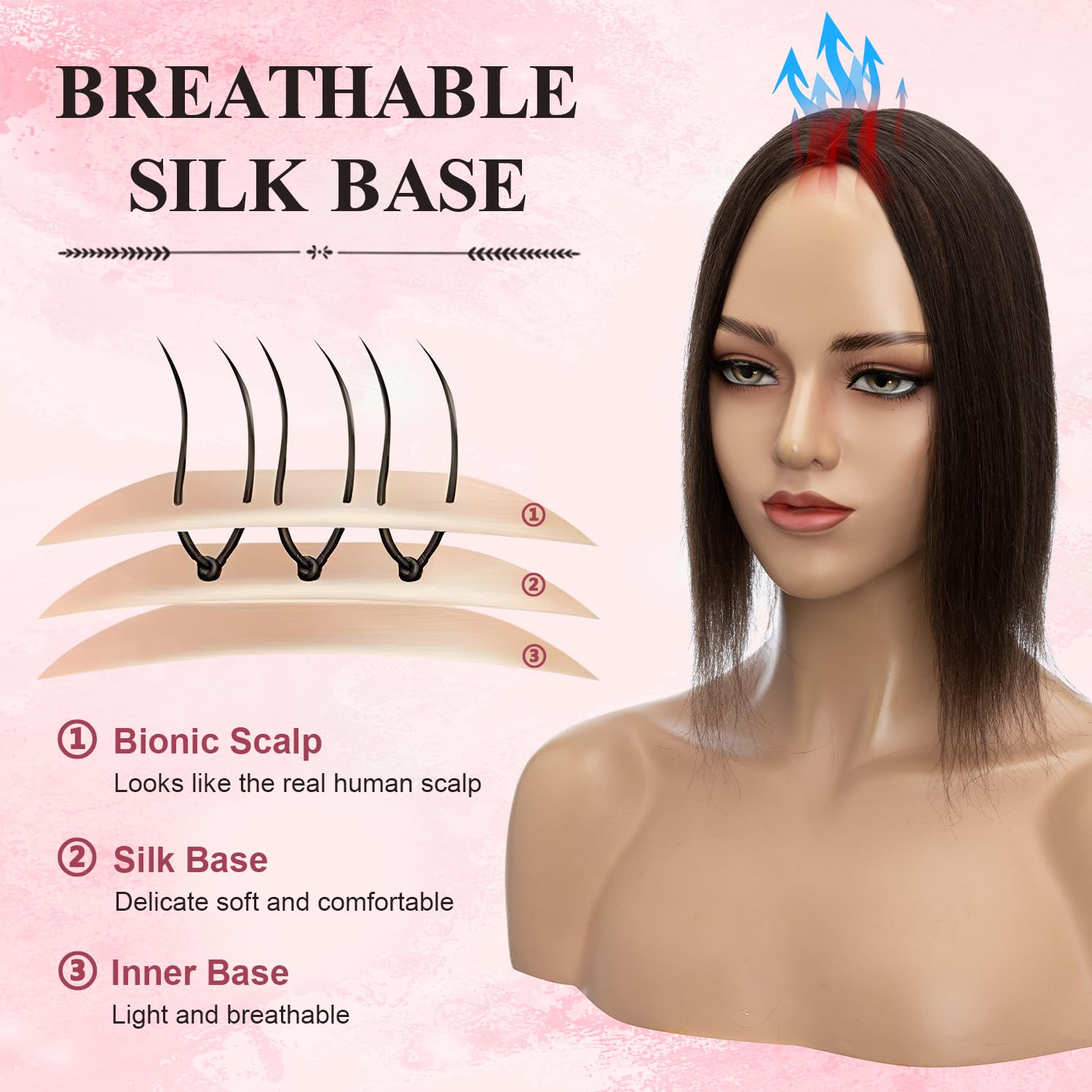 Toppers de cabello humano para mujeres con cabello delgado, densidad del 120 %, base de seda grande con clip, piezas de pelo corto sin explosión,