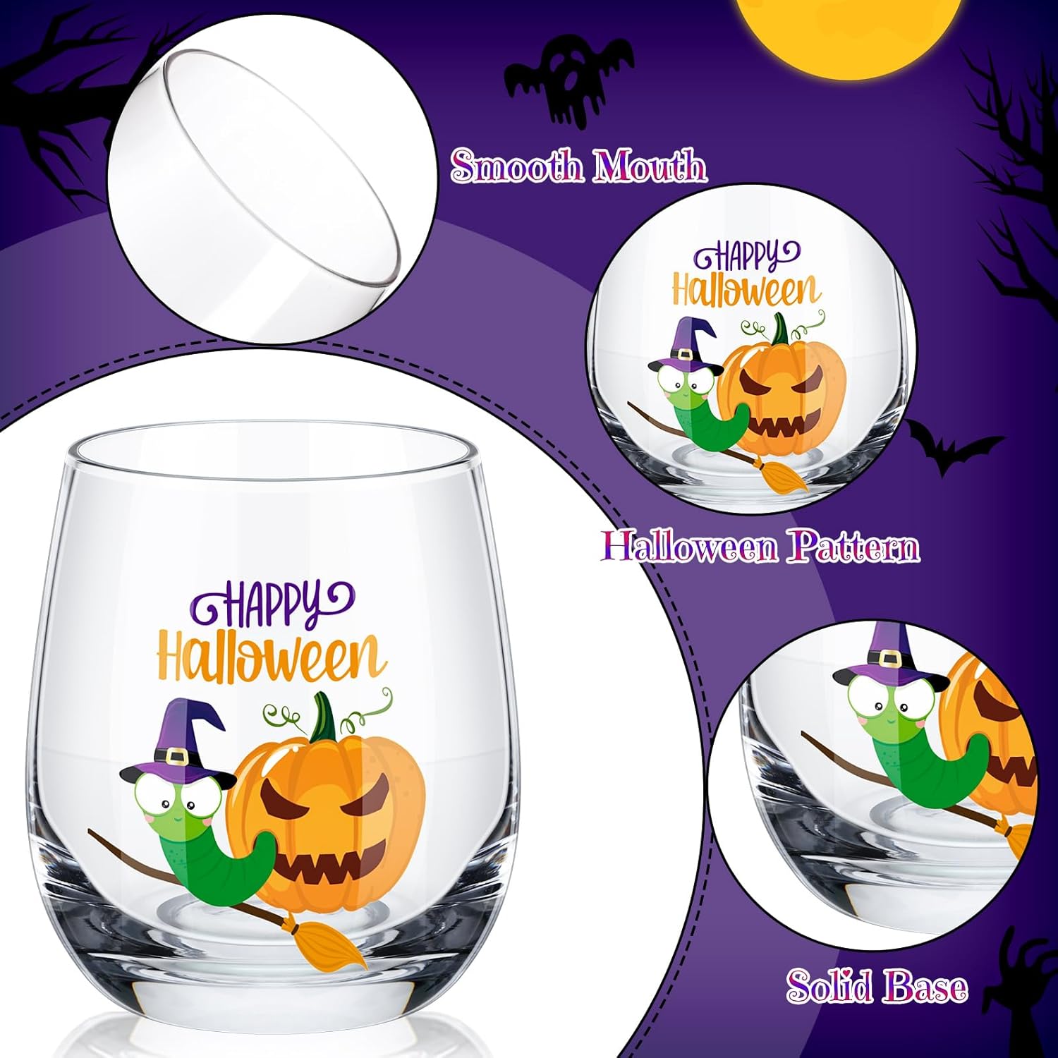 12 copas de vino de Halloween de 12 onzas, copas de vino de brujas, copa de vino de Halloween, sin tallo, copa de vidrio para fiesta de Halloween,