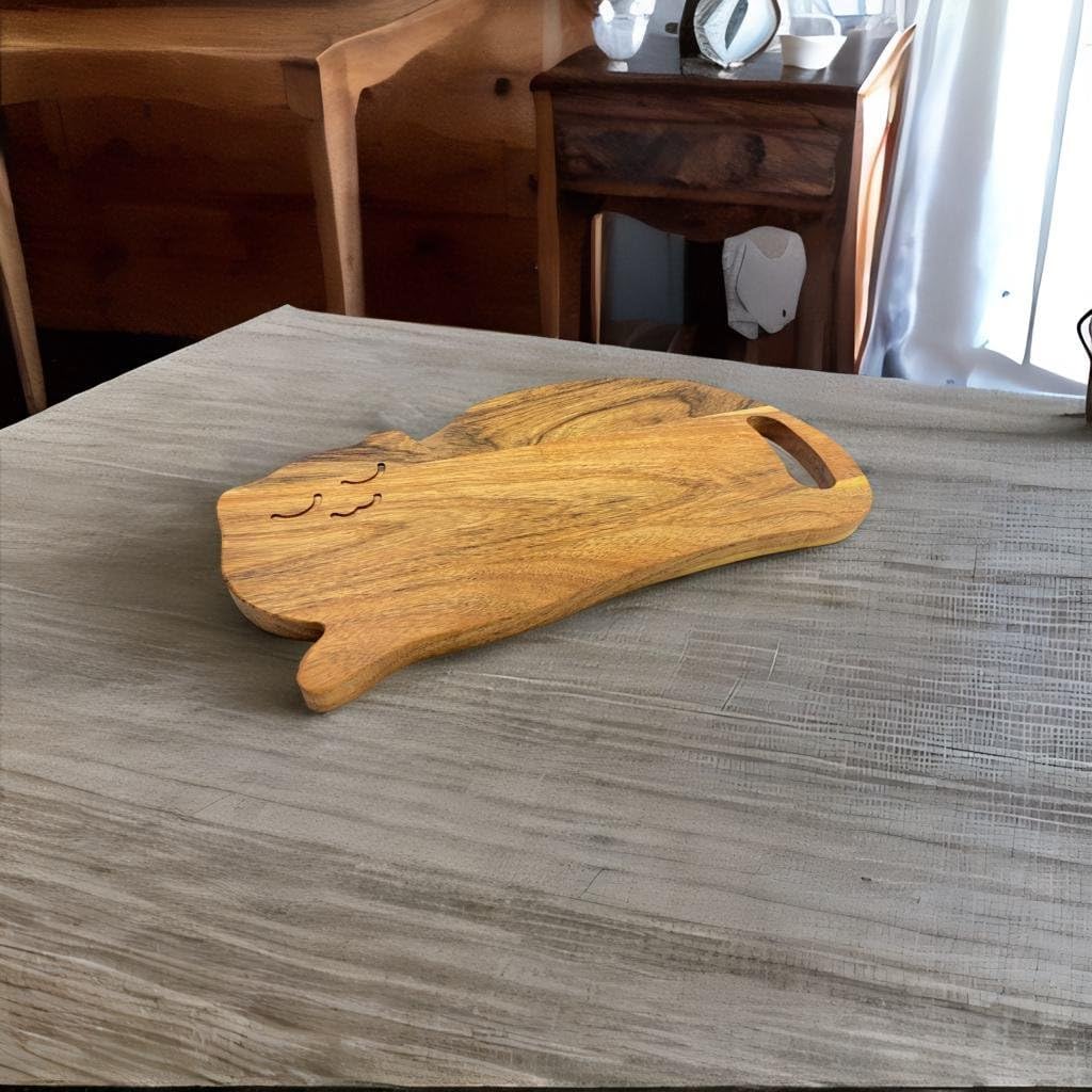 Divertida tabla de cortar de madera con forma de gato para cocina con asa, 8 pulgadas de largo x 15.25 pulgadas de ancho, tabla de servir de