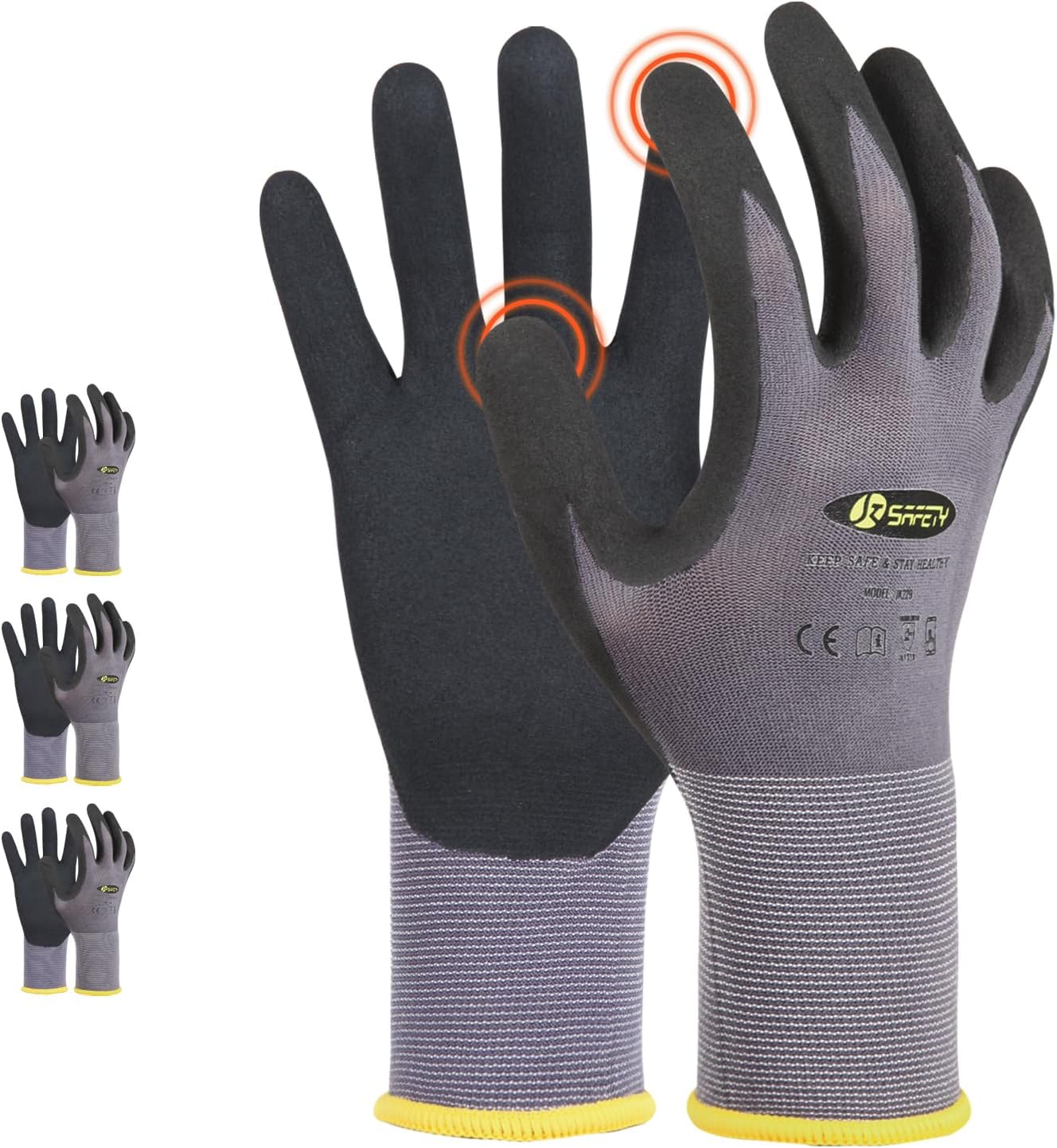 JKSafety Sandy MicroFoam – Guantes de trabajo de seguridad de nitrilo con capacidad para pantalla táctil, 3 pares de guantes de trabajo ligeros,
