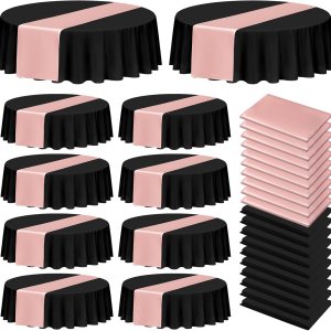 10 manteles desechables de plástico negro de 84 pulgadas con 10 manteles de satén color oro rosa de 12 x 108 pulgadas, manteles impermeables para 10 manteles desechables de plástico negro de 84 pulgadas con 10 manteles de satén color oro rosa de 12 x 108 pulgadas, manteles impermeables para