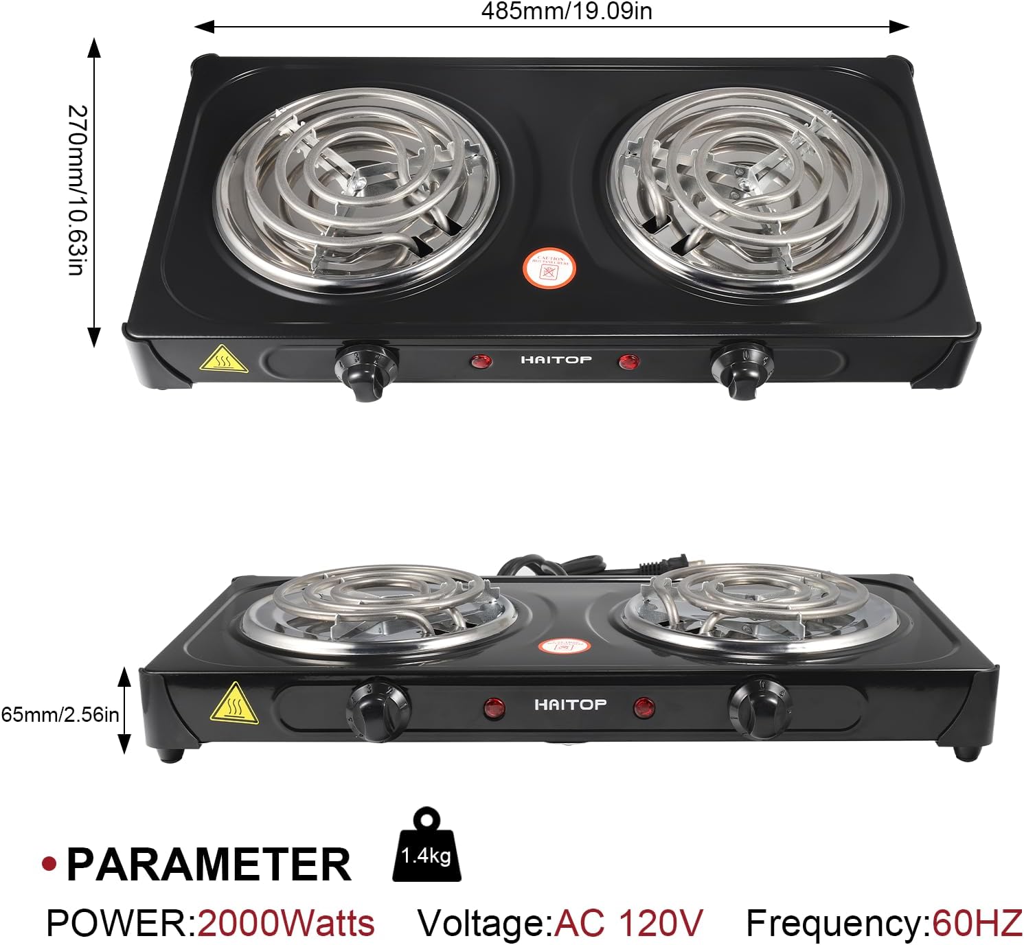 Quemador eléctrico de doble quemador de 2000 vatios, control de temperatura de placa caliente eléctrica, luces indicadoras de potencia, fáciles de