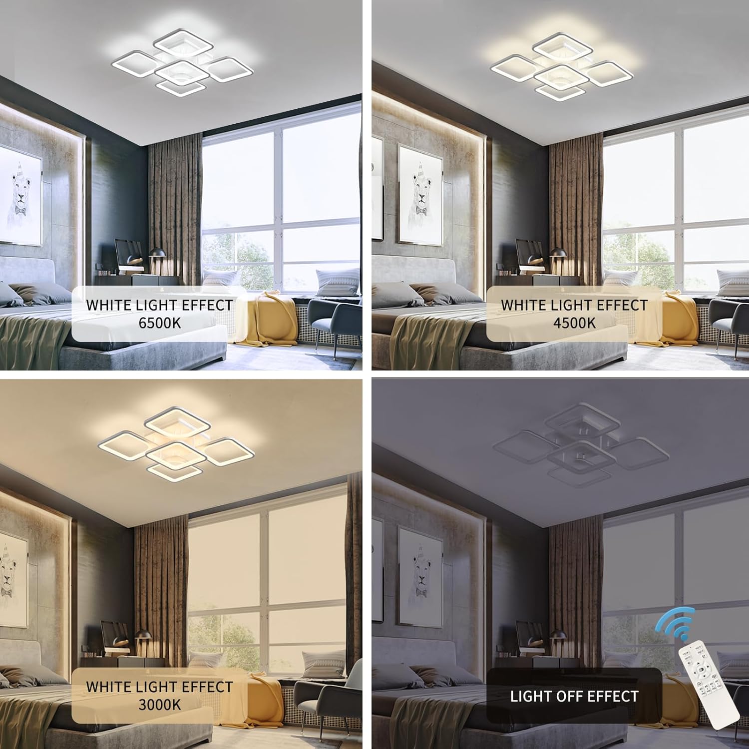 Jaycomey Lámpara de techo LED moderna regulable, 23.6 pulgadas, montaje empotrado, con control remoto, lámpara de techo acrílica de 5 cuadrados para