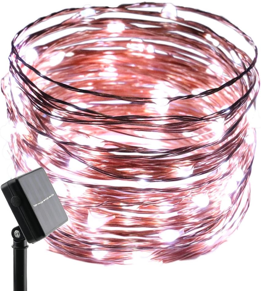 ErChen – Guirnalda de luces LED de alambre de cobre alimentado por energía solar, 33 pies, 100 ledes, impermeable, 8 modos, luces decorativas para