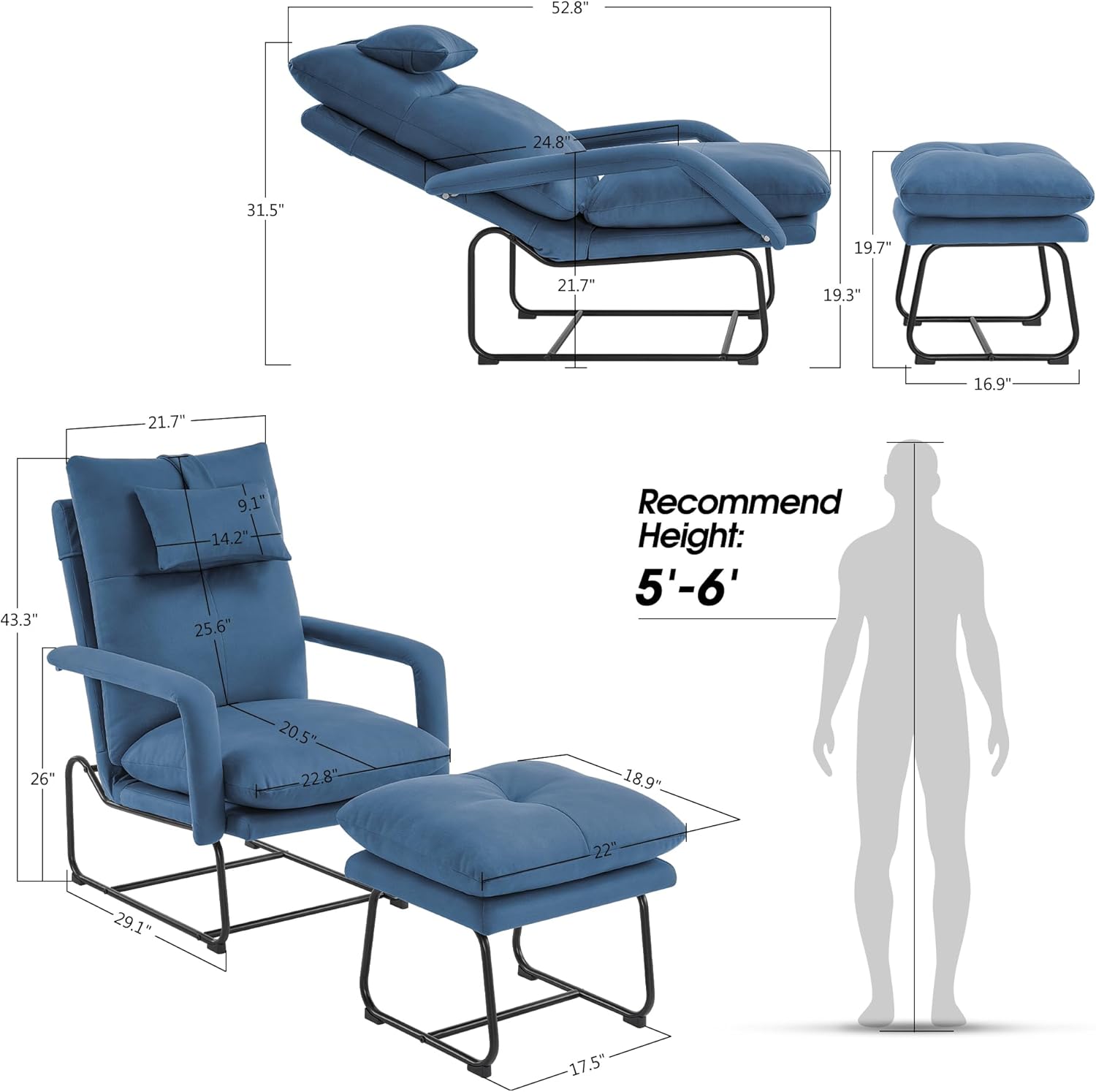 MCombo Sillones reclinables decorativos con otomana, sillones tapizados con respaldo ajustable, sofá individual para sala de estar y dormitorio 4233