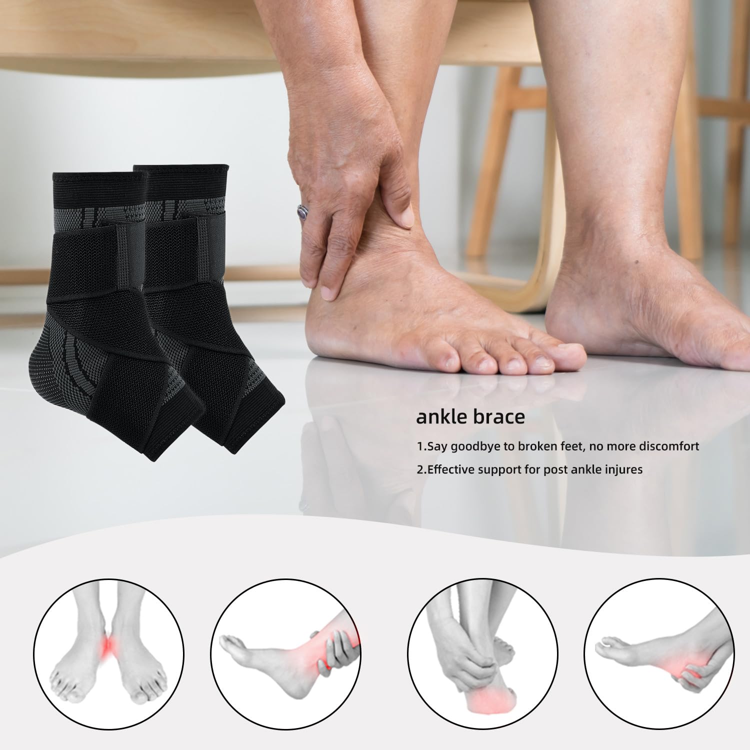 Paquete de 2 tobilleras ajustables de compresión, soporte de arco y estabilizador de pies, envoltura elástica para fascitis plantar, recuperación de