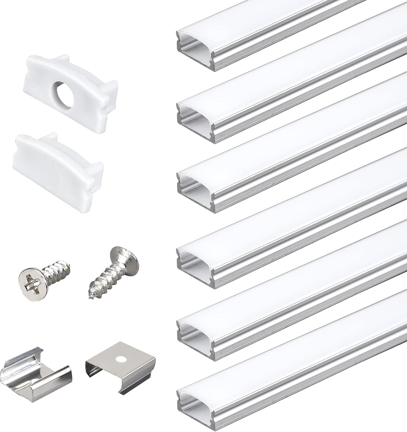 Paquete de 6 canales de aluminio LED en forma de U de 3.3 pies con cubierta difusora blanca lechosa, clips de montaje y tapas finales, perfiles de