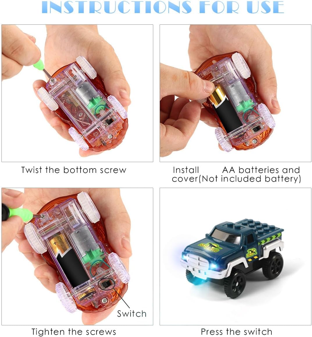 Reemplazo de autos de pistas solo para pista mágica, funciona con pilas Snap and Glow Trax, luz LED, accesorios de coche de carreras que brillan en