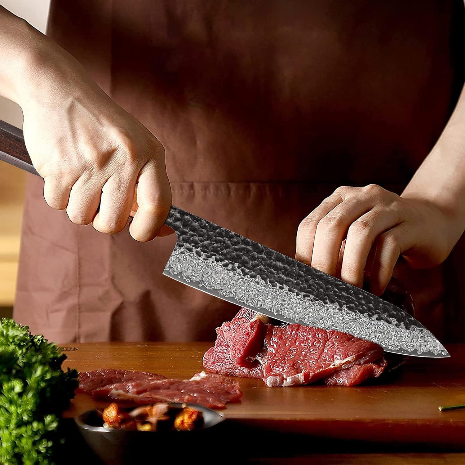 Cuchillo de chef hecho a mano japonés de 8 pulgadas, 67 capas, cuchillos de cocina de acero de Damasco forjados a mano