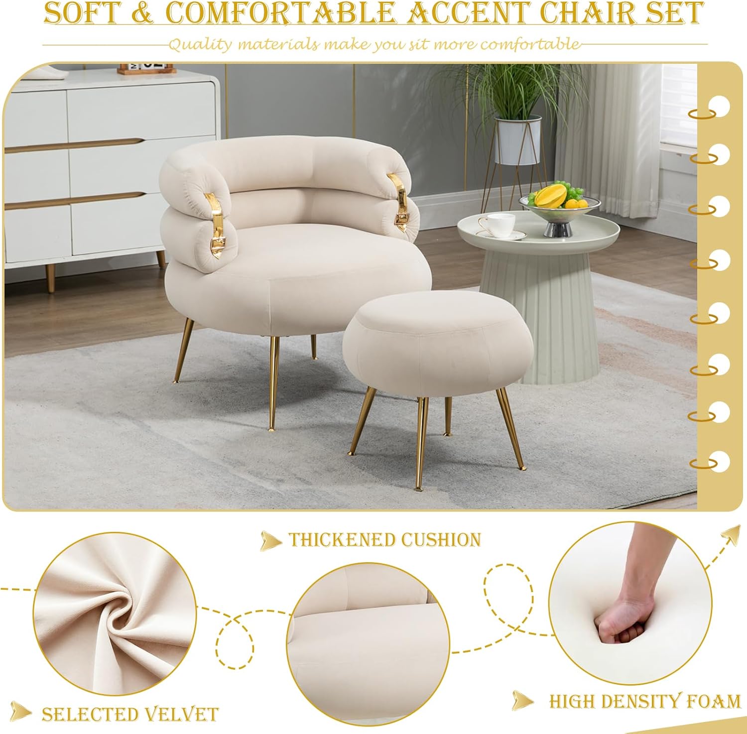 Silla decorativa de terciopelo con otomana, cómoda silla de barril tapizada, moderno sillón copetudo con respaldo único y patas de metal dorado para