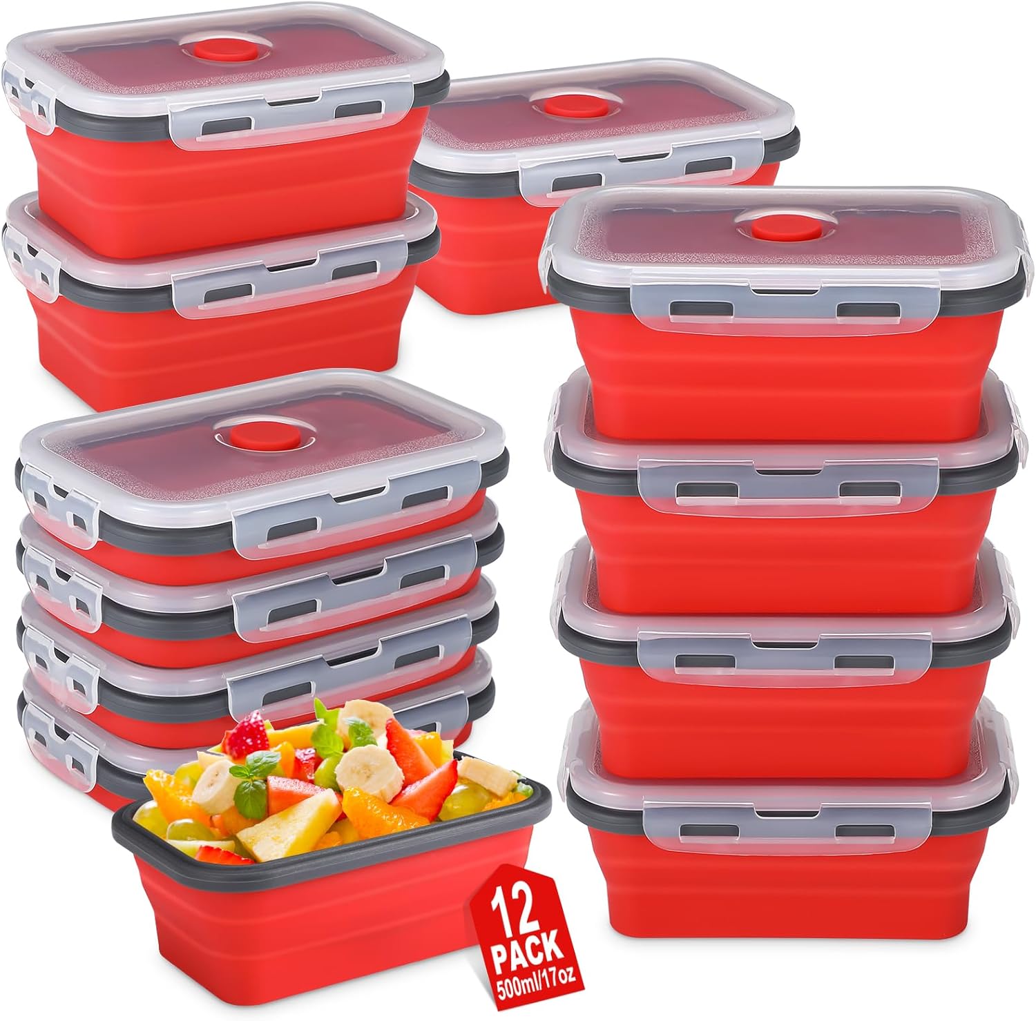 Mifoci Paquete de 12 cuencos plegables a granel con tapas a prueba de fugas, recipientes rectangulares de silicona de 17 onzas para almacenamiento