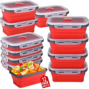 Mifoci Paquete de 12 cuencos plegables a granel con tapas a prueba de fugas, recipientes rectangulares de silicona de 17 onzas para almacenamiento Mifoci Paquete de 12 cuencos plegables a granel con tapas a prueba de fugas, recipientes rectangulares de silicona de 17 onzas para almacenamiento