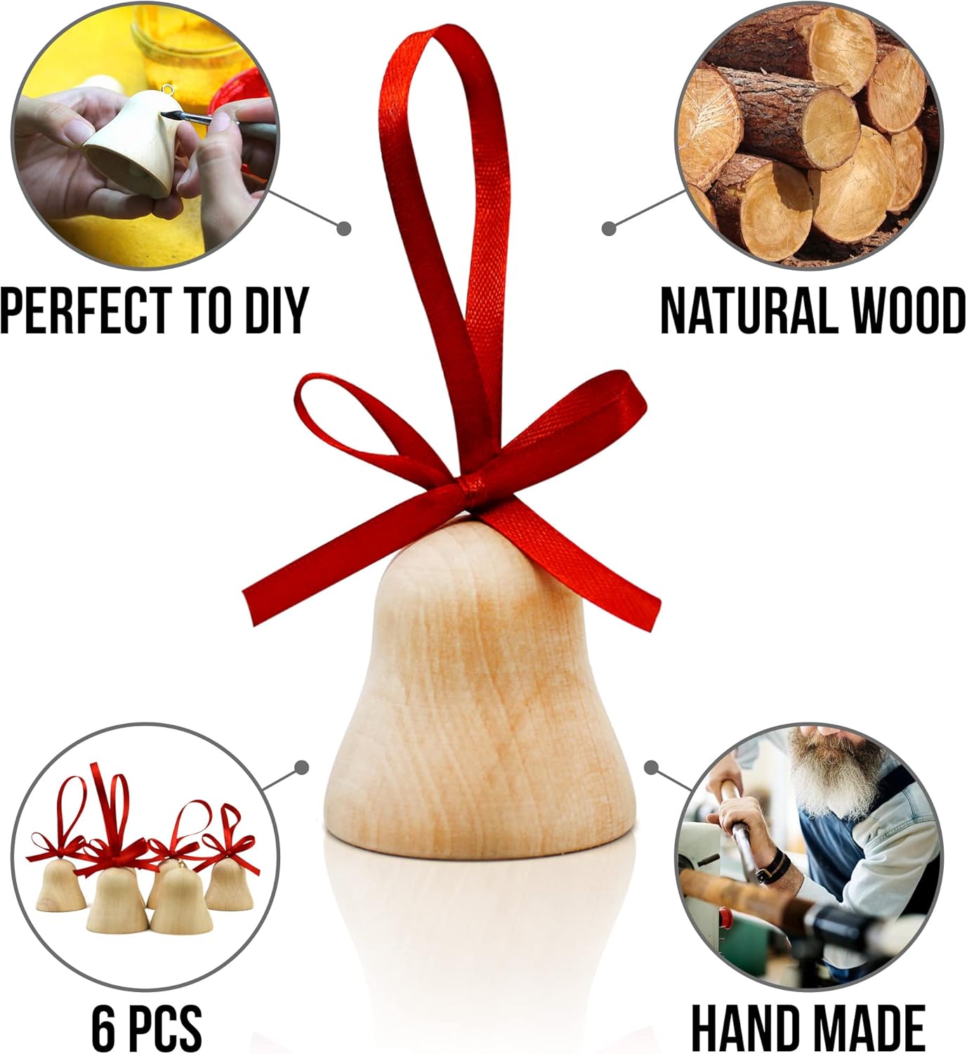 Adornos de Navidad de madera para pintar, juego de 6 unidades, campanas de Navidad en blanco para manualidades, decoración de árbol de Navidad,