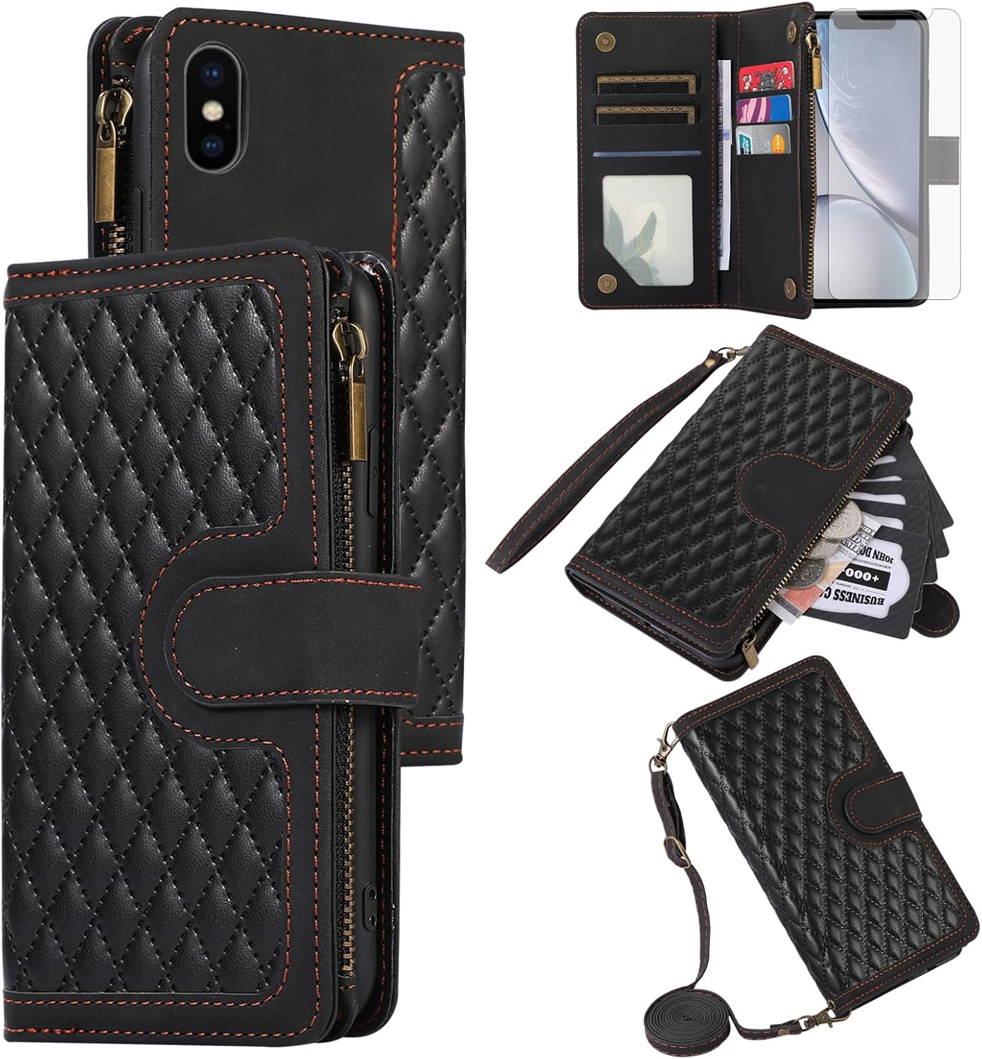 Asuwish Funda de teléfono para iPhone Xs X 10 10s Funda tipo cartera con protector de pantalla de vidrio templado y correa para la muñeca con