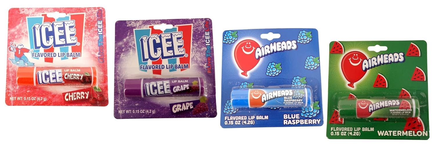 Labs – Bálsamo labial con sabor a caramelo ICEE y Airhead (paquete de 4.15 onzas cada una) ICEE cereza y uva, Airheads frambuesa azul y sandía,