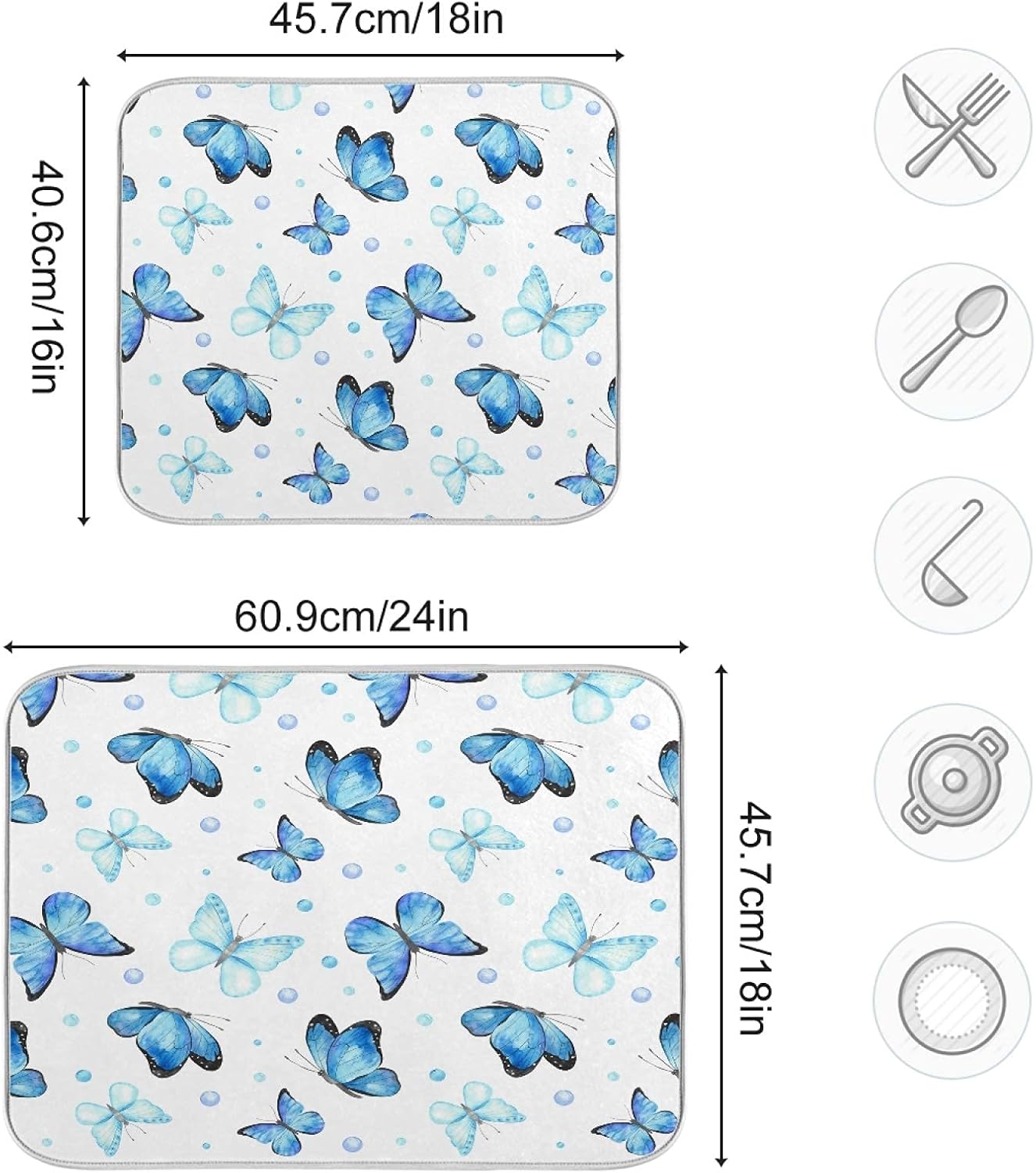 Tapete de secado de platos de mariposa de verano para encimera de cocina, 18 x 24 pulgadas, patrón de mariposas azules, escurridor de platos, tapete