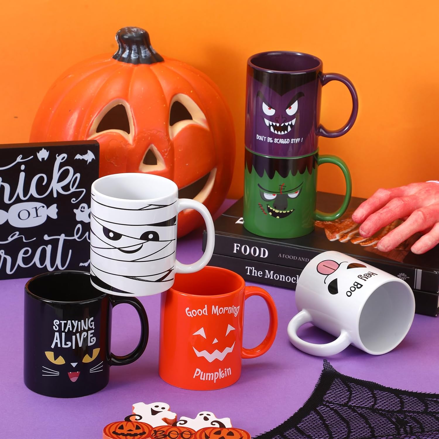 Lallisa Juego de 6 tazas de Halloween de 13 onzas, calabazas, gatos, fantasmas, tazas de cerámica a juego para Halloween, hogar, escuela, oficina,