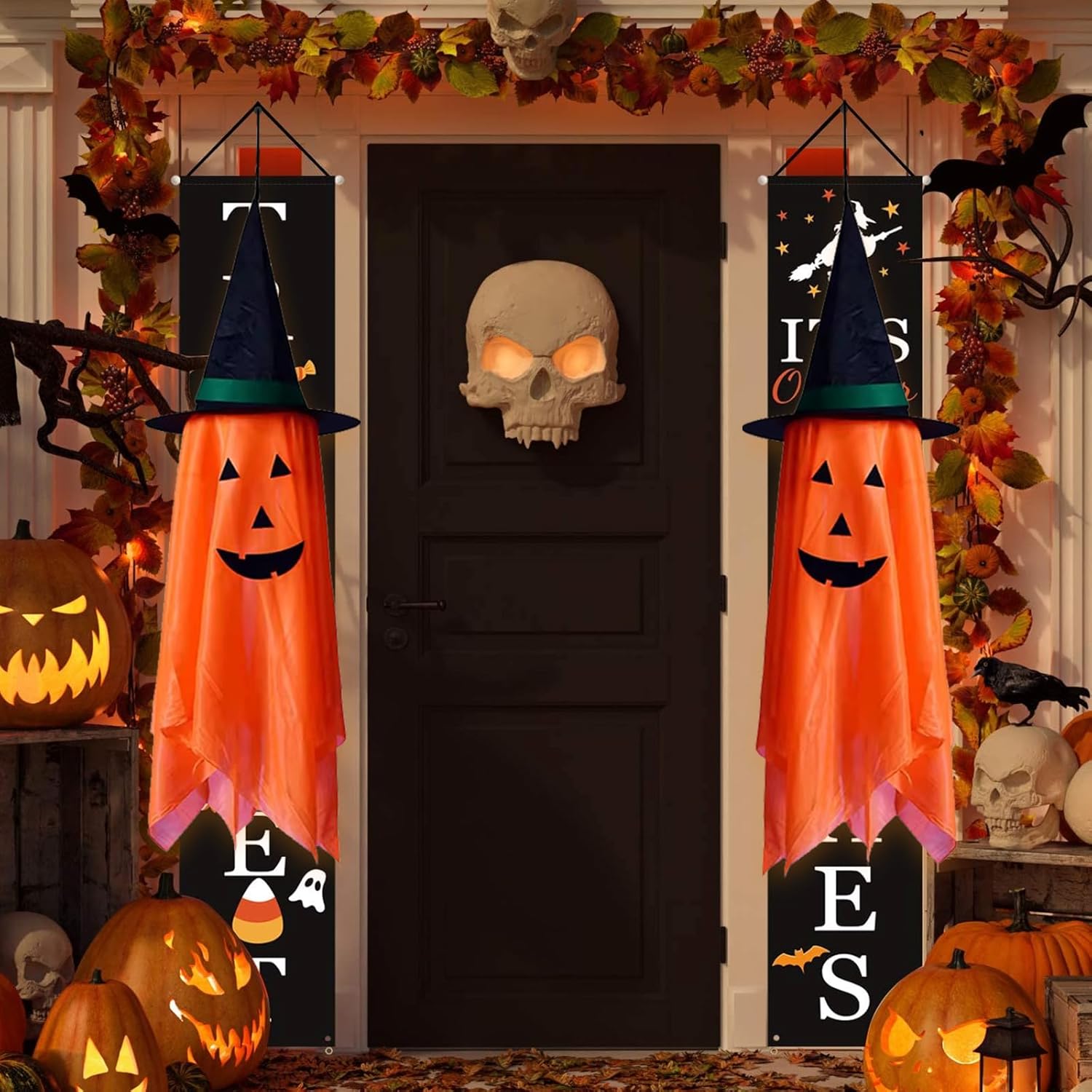 Decoraciones de Halloween para el hogar, paquete de 2 calabazas naranjas preinstaladas, sombrero de mago para decoración de otoño al aire libre,