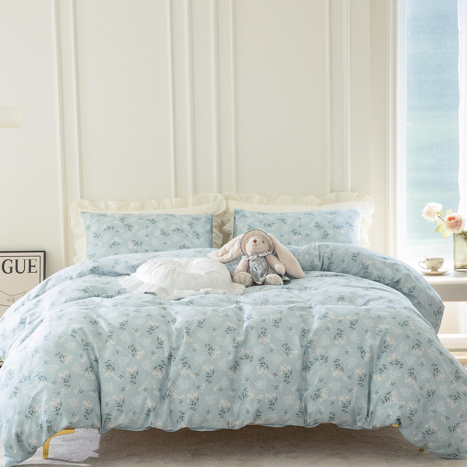 Juego de fundas de edredón tamaño Queen floral, 100% algodón, elegante juego de ropa de cama de flores tamaño Queen, 3 piezas, estilo jardín, azul y