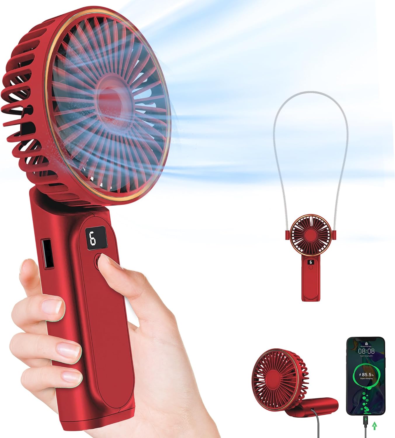 TUNISE Ventilador de mano portátil, ventilador de cuello, ventilador de escritorio de 4000 mAh, ajustable en 180, viento de 6 velocidades,