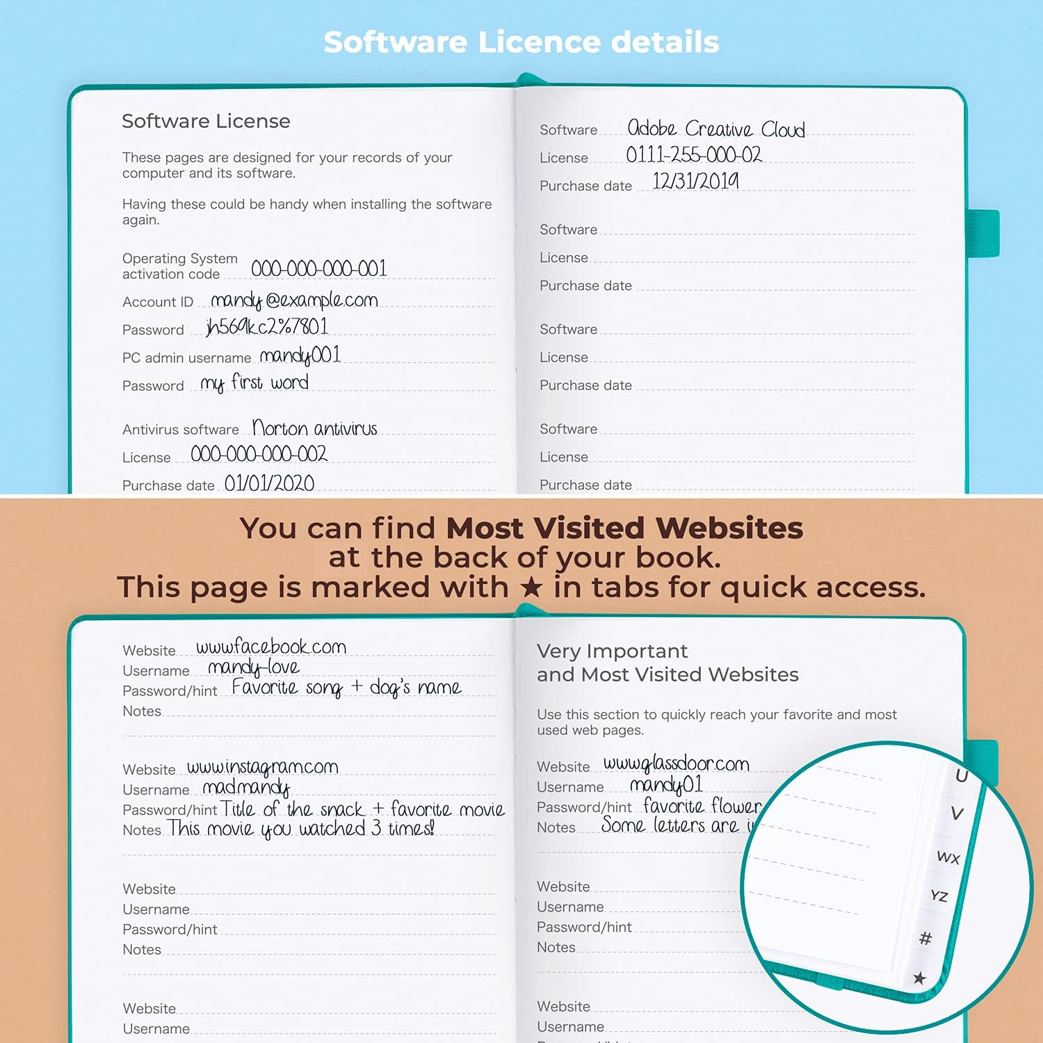 CLEVER FOX – Libro de contraseñas con pestañas. Organizador de direcciones y contraseñas de Internet con pestañas alfabéticas. Cuaderno grande de