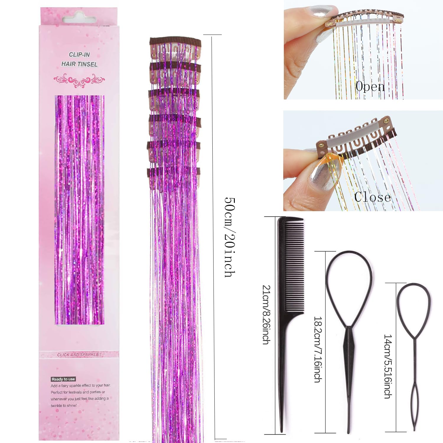 Kit de 6 piezas de oropel para el cabello, extensiones de cabello de oropel con purpurina de 20 pulgadas, resistentes al calor, hebras de cabello de