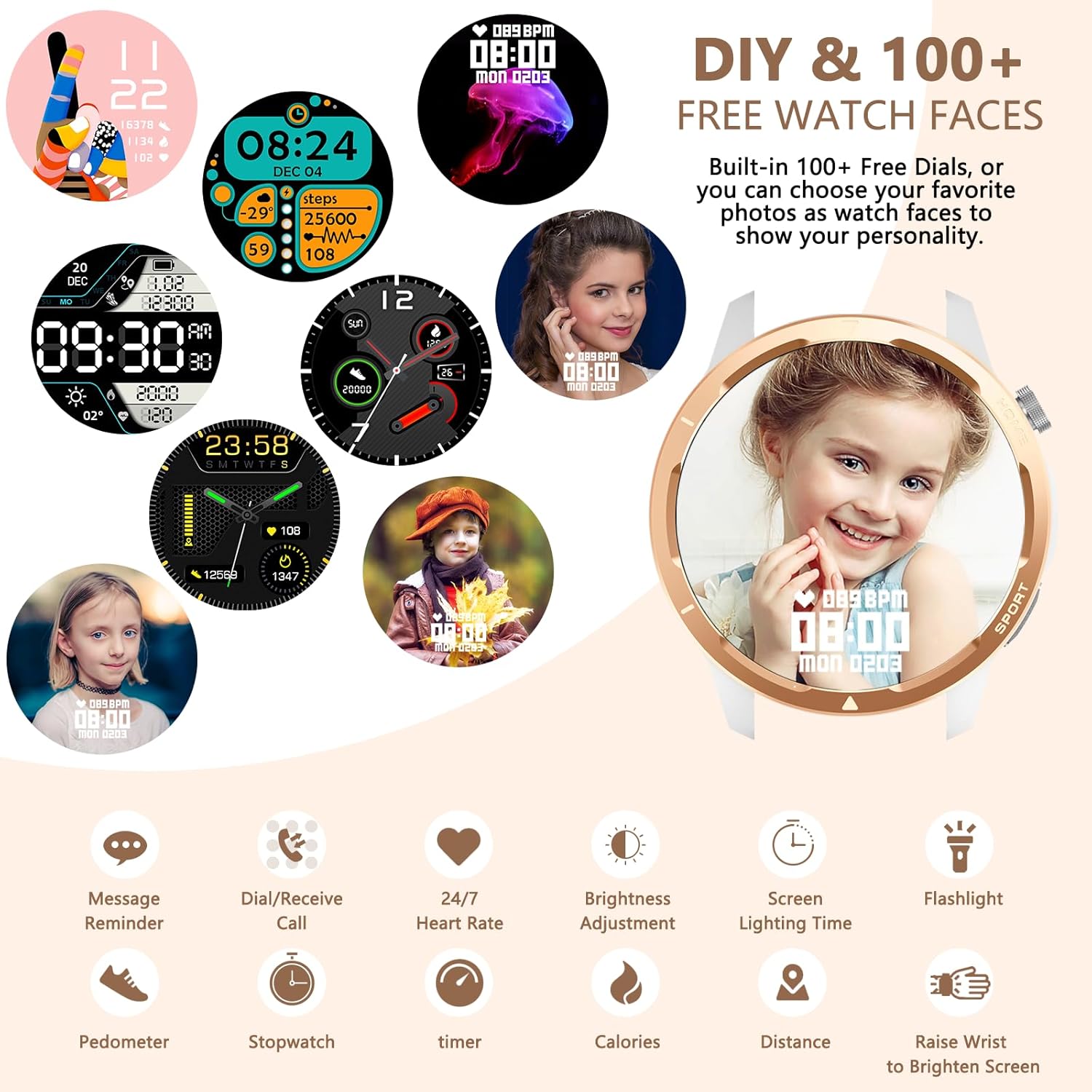Wwzzey Reloj inteligente para mujer (hacer llamadas y responder llamadas), IP68 resistente al agua con podómetro, notificación de mensajes,