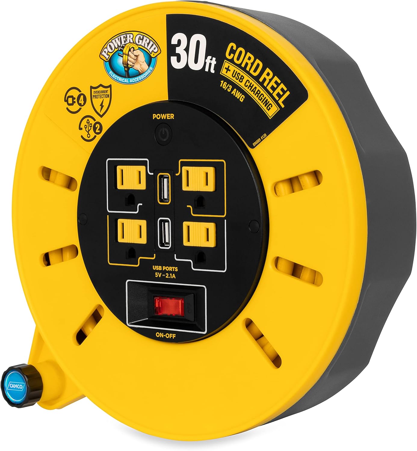 Camco Carrete de cable de extensión RV de 30 pies y 10 amperios, clasificado para 125 V1,250 W, cuenta con 4 tomas eléctricas de 125 V y 2 puertos