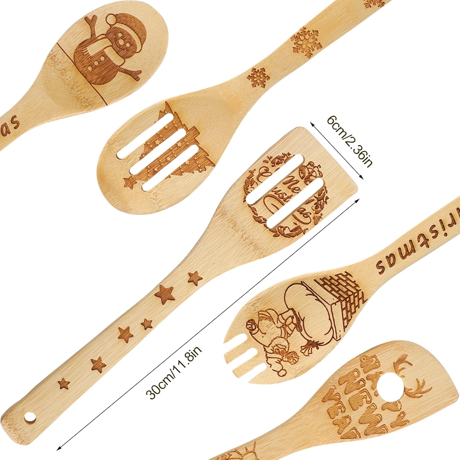Juego de 5 cucharas de madera de Navidad, utensilios de cocina quemados, cuchara de Navidad, decoración de cocina para regalo de Navidad,